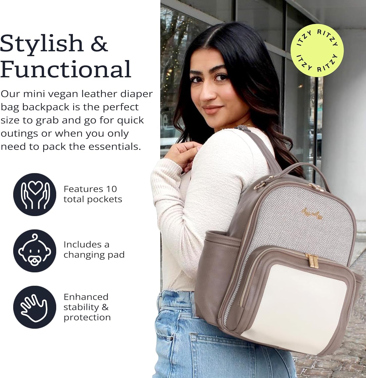 Itzy Ritzy Mini Diaper Bag Backpack – Chic, Compact Mini Plus Backpack with Changing Pad, 10 Pockets (6 Internal, 4 External), Grab-Top Handle & Rubber Feet (Vanilla Latte) - Image 3
