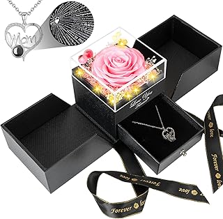Gifts for Mom from Daughter and Son, Unique Mothers Day Birthday Gift Idea, Preserved Pink Real Roses with I Love You in 100 Languages Mom Necklace, Cool Present to Mother Mama-Pink