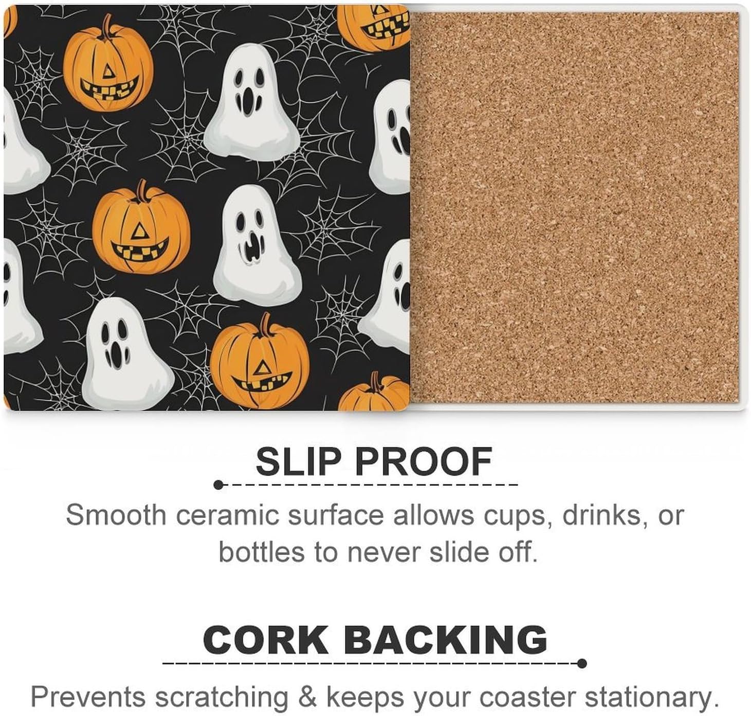Halloween Ghost Pumpkin Coasters for Drinks Square Table Coasters Set Cup Mats with Cork Base
