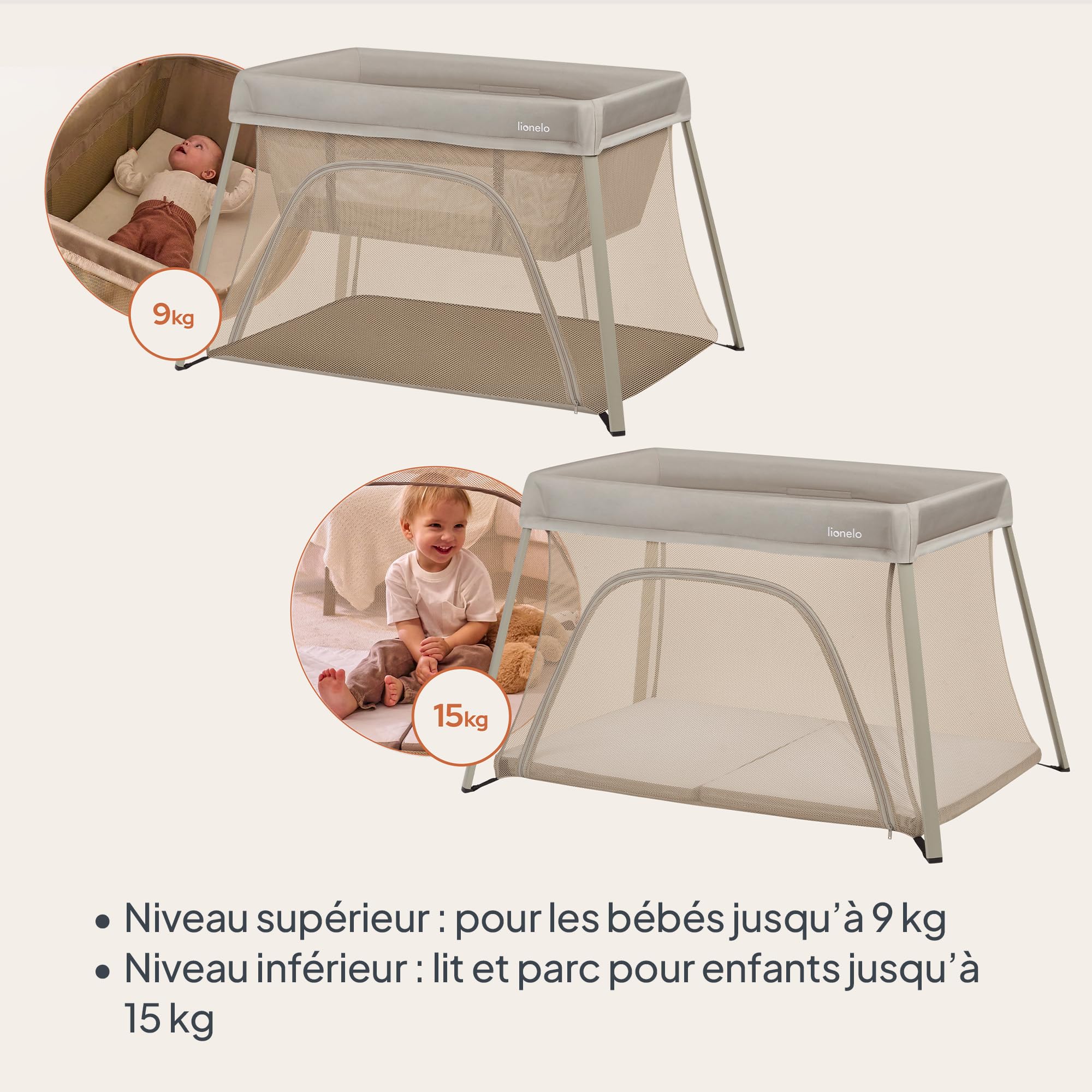 lionelo Lit de Voyage Bébé Parc Enfant 3en1 Alice de 0 à 15 kg Matelas en Mousse, 2 Niveaux de Hauteur, Pliable, Petit, Léger, Entrée Latérale, Sac de Voyage (Beige)