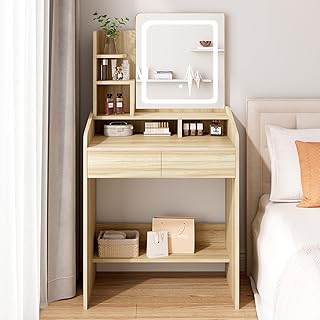 Vanity Desk with LED Mirror, Small Makeup Vanity with Open Shelves, Dressing Table for Bedroom, Wooden