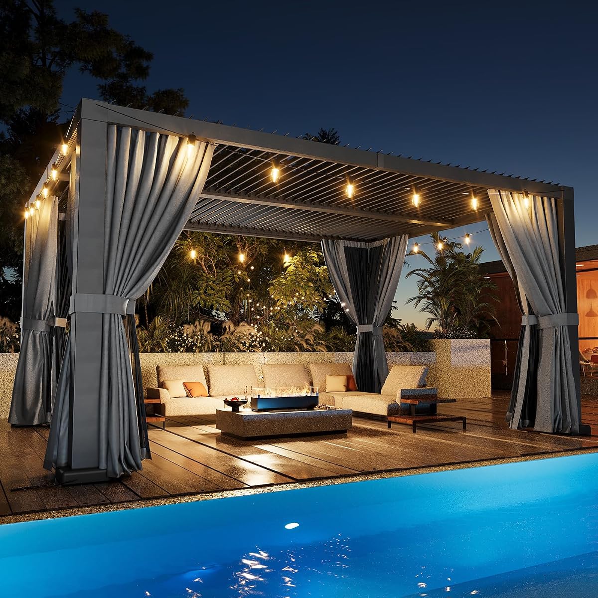 Aoxun Pérgola con persianas Gazebo para exteriores totalmente de aluminio de 12' x 16', gris | Con techos ajustables independientes, cortinas y redes impermeables, sistema de drenaje integrado para patios y piscinas