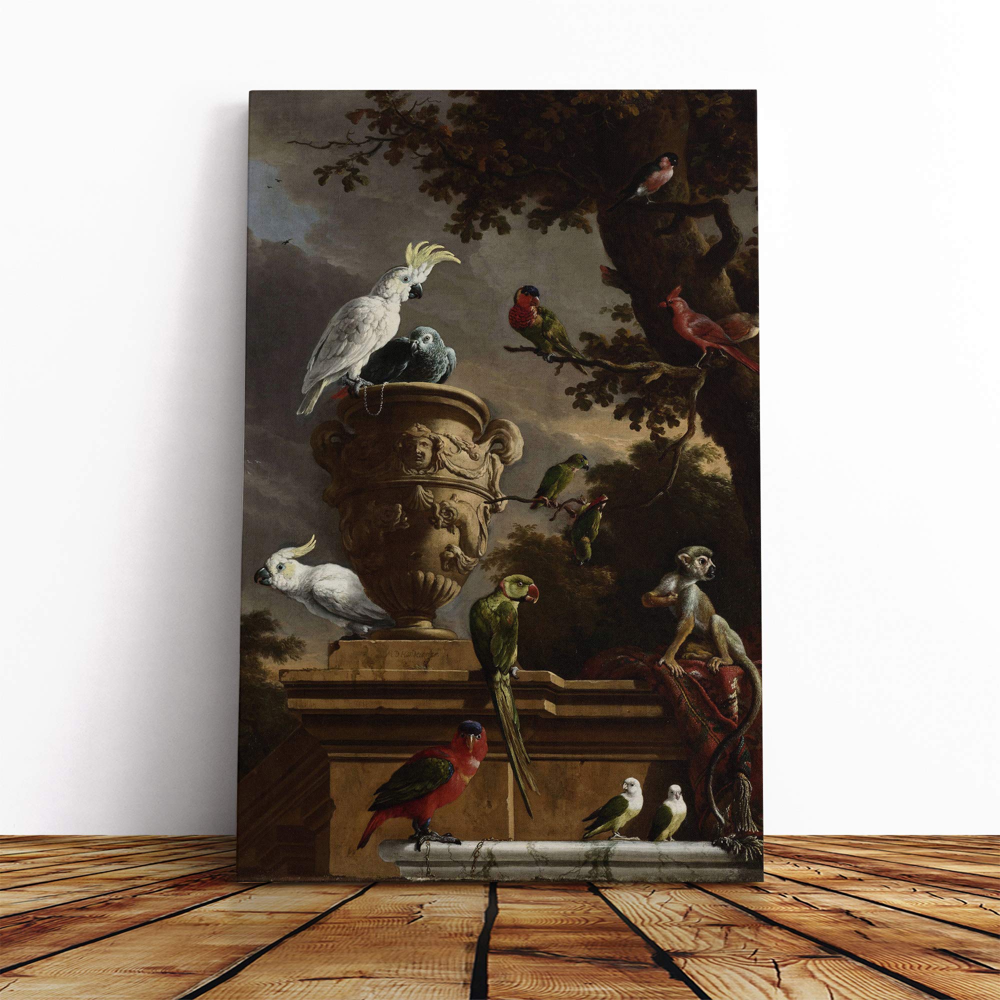 Melchior d'Hondecoeter Monkeys and Birds Canvas Print | Gallery Wrapped 30mm Frame Wall Art | 24x16 inches | Ready to Hang | Modern Bird Picture | Living Room Bedroom Lounge Office