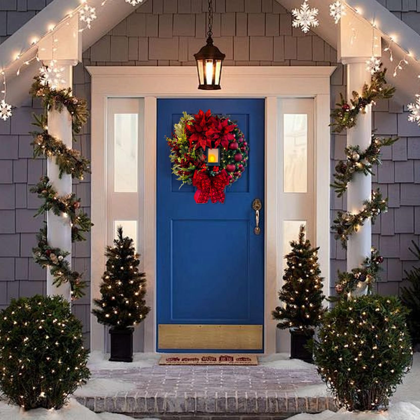 16 Coronas navideñas para Puerta de Entrada con luz y Lazo - Corona de Puerta roja Artificial para decoración Interior y Exterior - Navidad