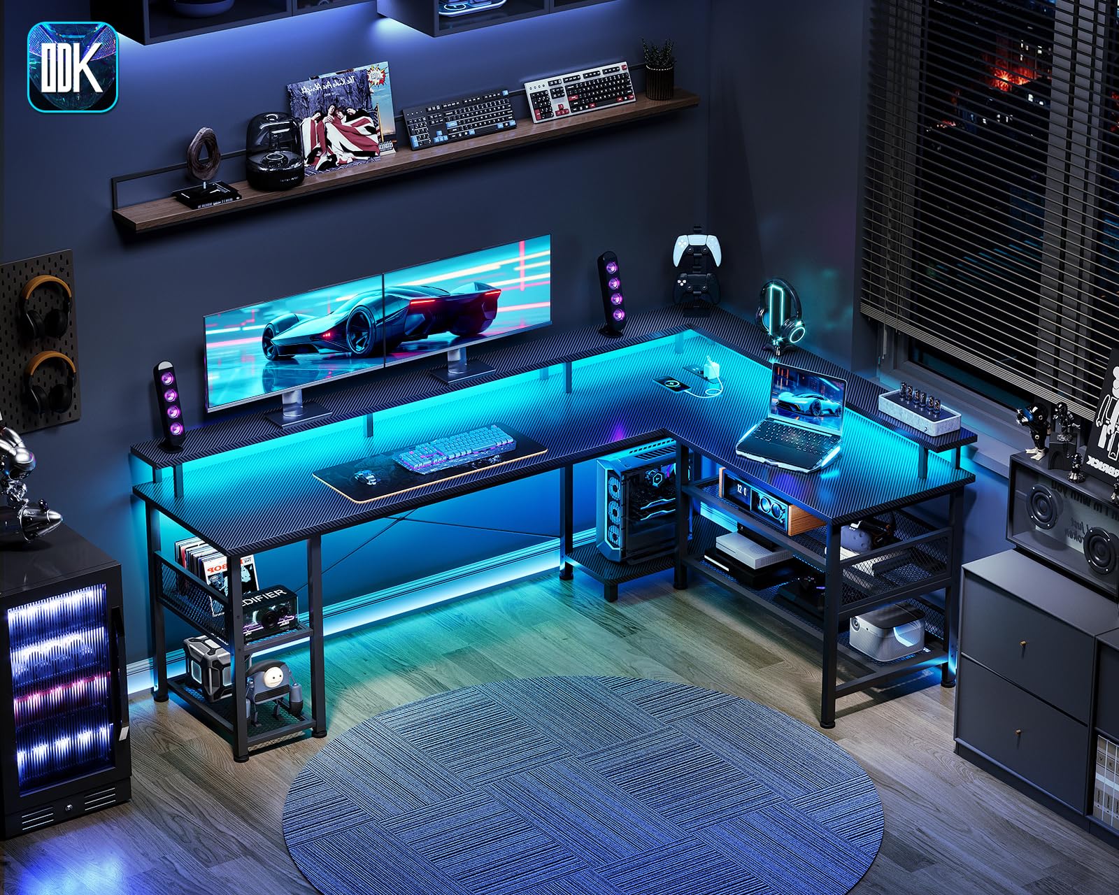 ODK Bureau Gaming d'angle LED, 168×120cm, Noir Carbone