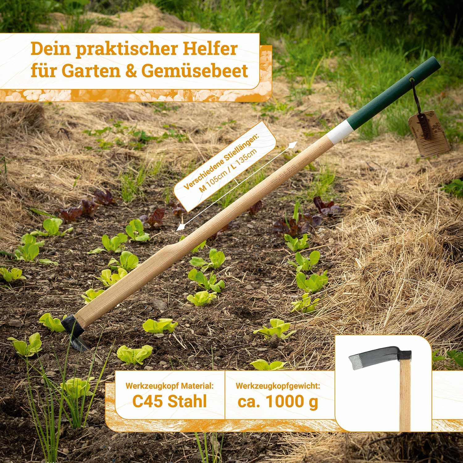 ADLER Feldhacke Gartenhacke – 105/135 cm FSC®-Eschenstiel, geschmiedeter C45-Stahl, Blatt 180x120 mm, Heilbronner Hacke, robust & langlebig, ideal zum Auflockern von Böden (Natur, L - 1350 mm)
