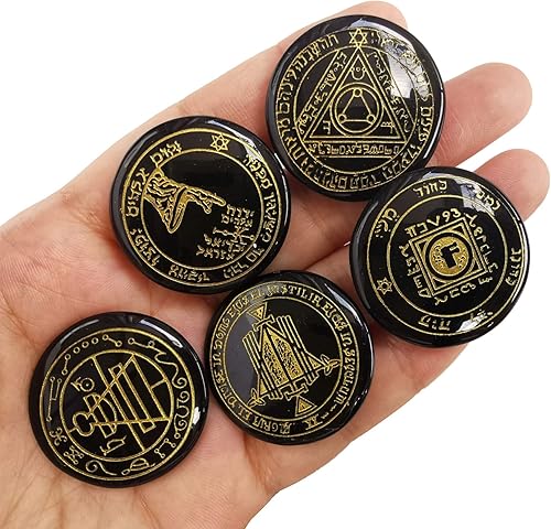 Miniatura 1 de Juego de runas de brujas de obsidiana negra natural, símbolo de Salomón, 5 piezas grabadas de cristal curativo para meditación y adivinación