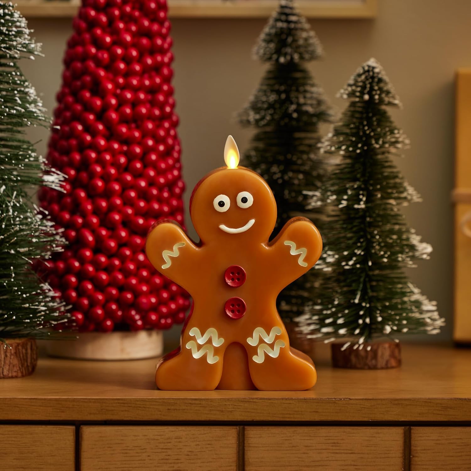 Luminara Flameless Festive Decor - Gingerbread Man Figural LED Candle Natural Color, Brown, 5.3" x 7.5" Real Wax Moving Flame Battery Operated Timer - Image 2