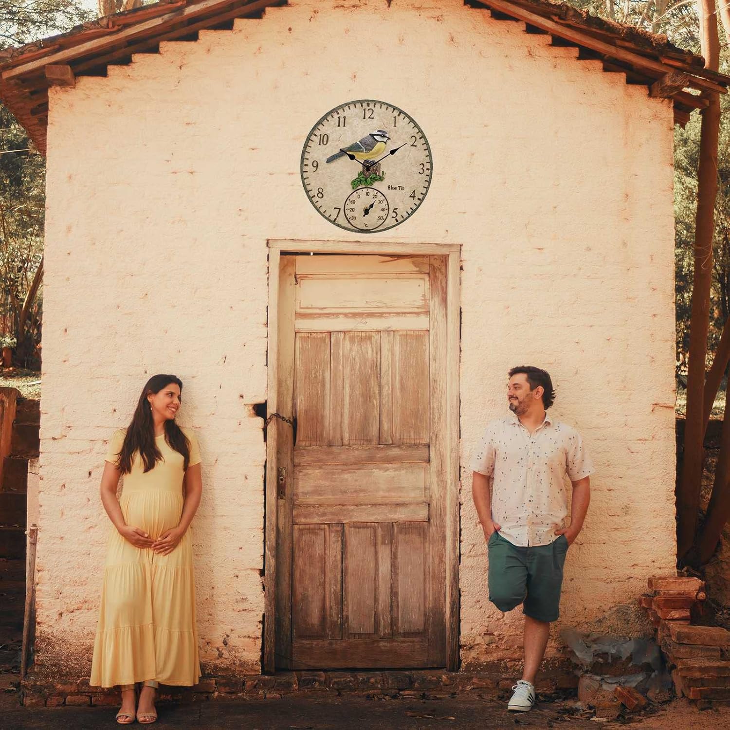 Indoor Outdoor Clock Blue Tit Garden Wall Clock, 12 Inch Large Waterproof Wall Clocks With Thermometer Battery Operated Retro Resin Bird Ornament Decorative Clock for Room Patio Pool Porch Fence