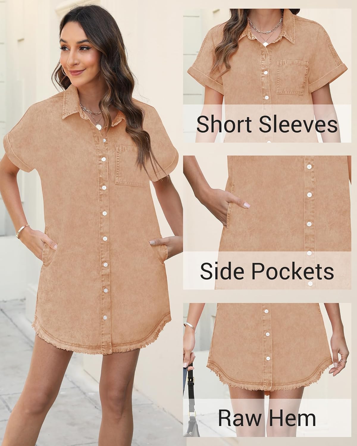 Denim Dress for Women Midi Jean Shirt Dresses Button Down Short Sleeve Summer Womens Jeans Babydoll Pockets - Image 4