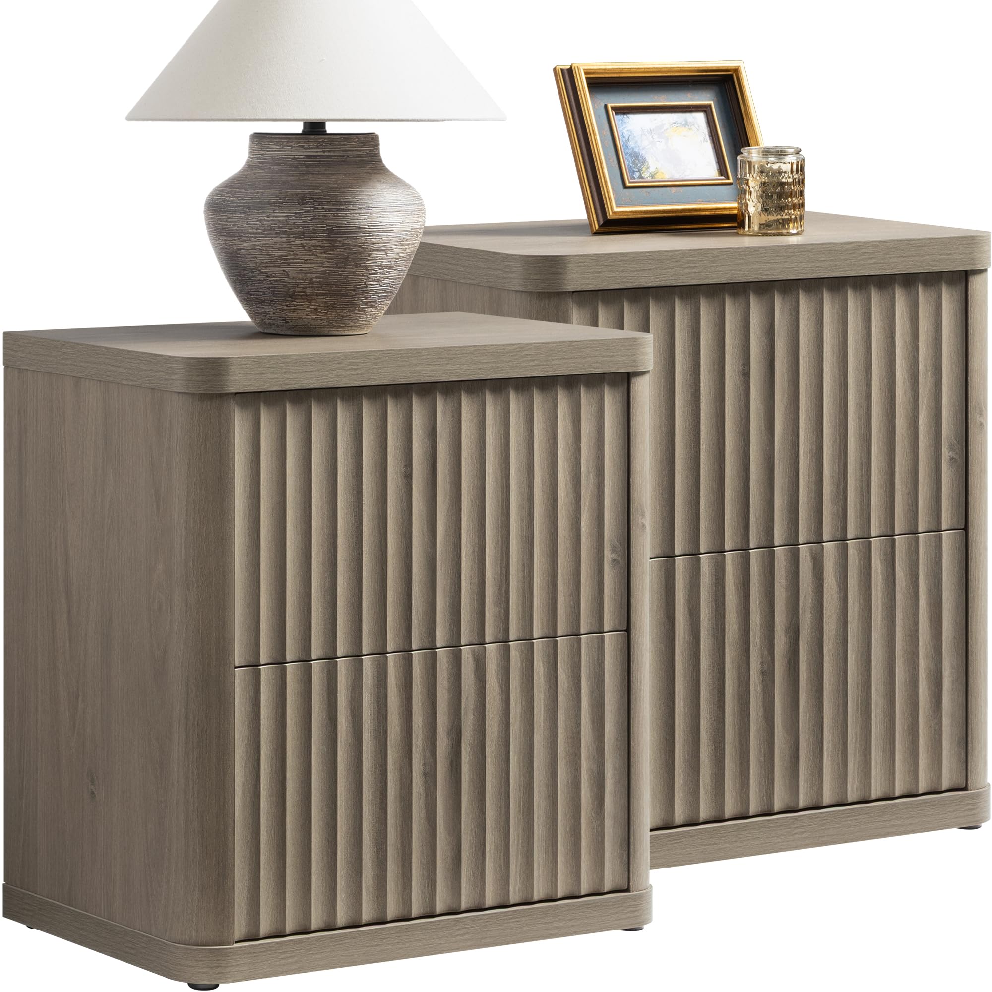 SICOTAS Night Stand Set of 2 Nightstands with 2 Drawers Storage Bedside Table Large Fluted Bed Side End Table Modern 24.4" Tall Wide Night Stands for