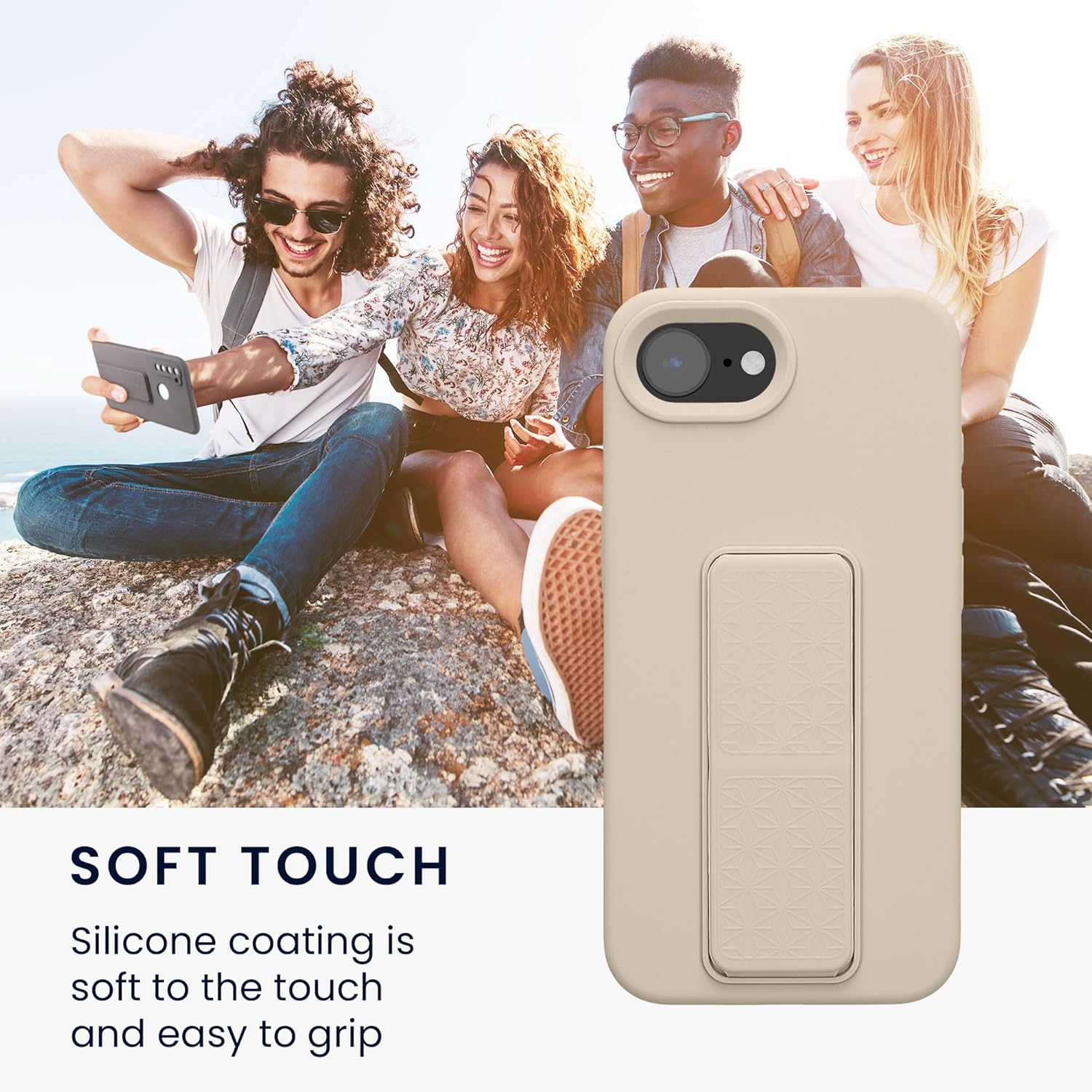 kwmobile Case Compatible with Apple iPhone 16e - Case with Hand Strap and Stand Soft TPU Silicone Coating - Cream - Image 5