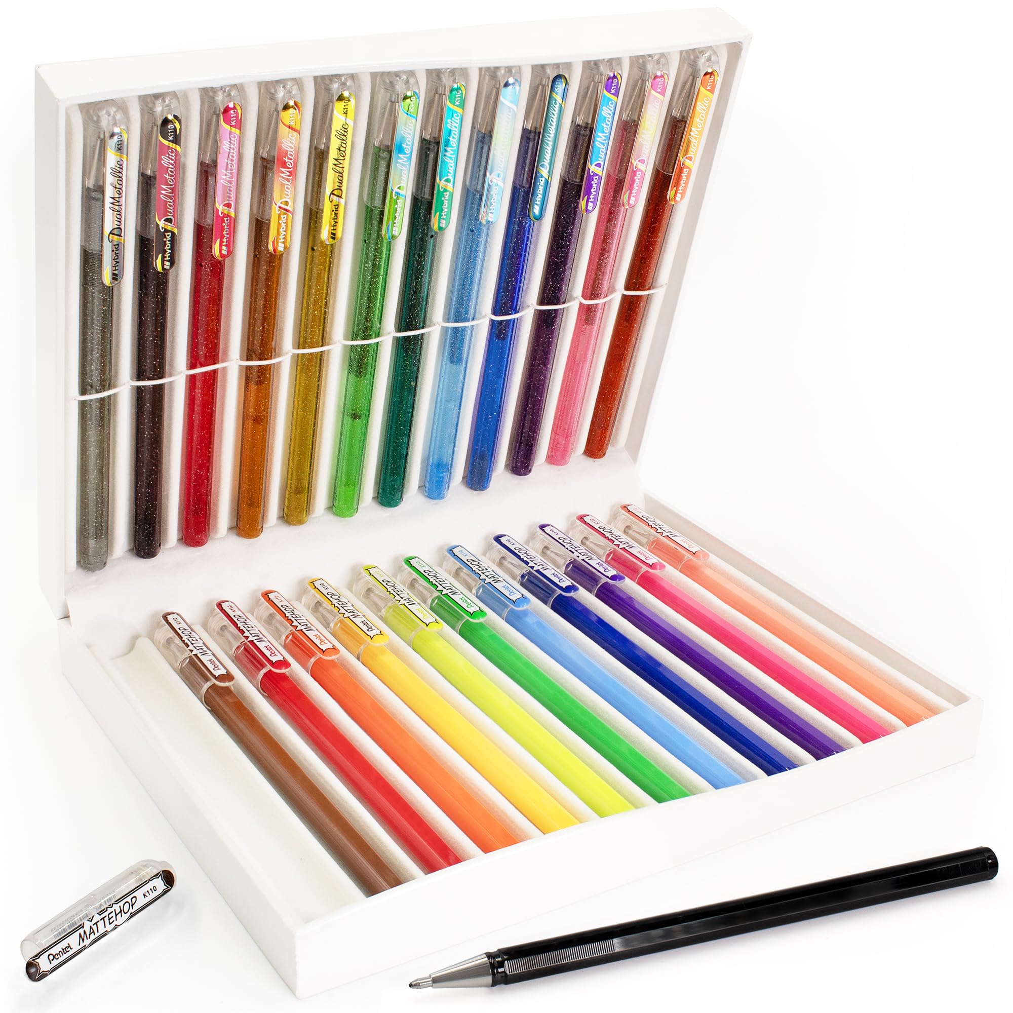 Pentel Juego de bolígrafos de gel de 24 colores, 12 bolígrafos metálicos dobles Mattehop y 12 bolígrafos metálicos duales, tinta mate vibrante y brillante, arte, diario, álbumes de recortes, juego de