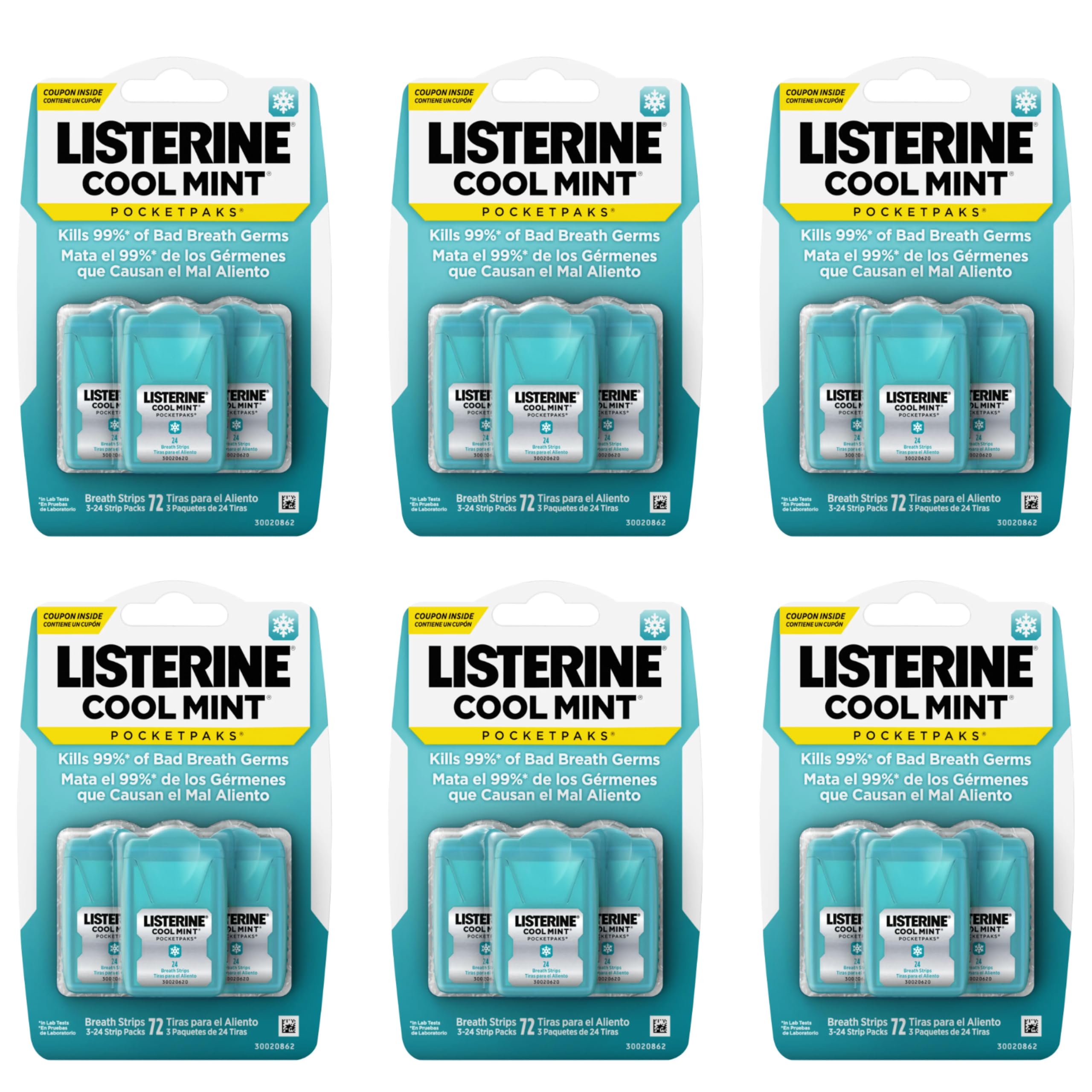 Listerine Cool Mint PocketPaks Breath Strips Value Pack, 6 x 72-Strip Packs, 432 Strips Total
