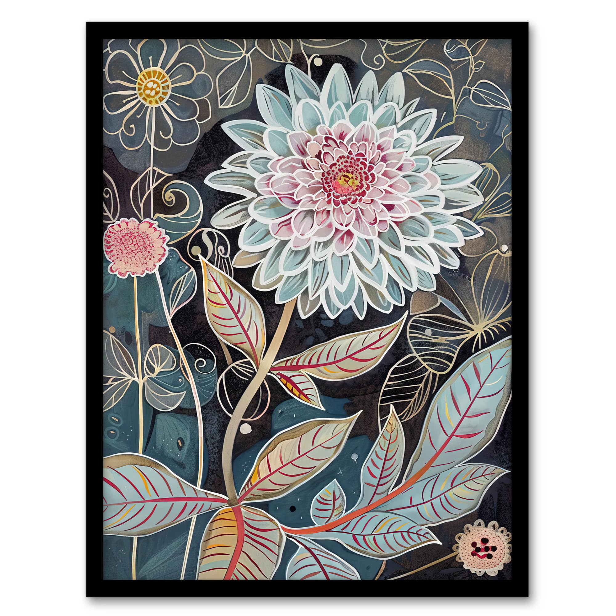 Artery8 Dahlia Flowers Artwork Dark Enchanted Floral Living Room Artwork Framed Wall Art Print 18X24 Inch