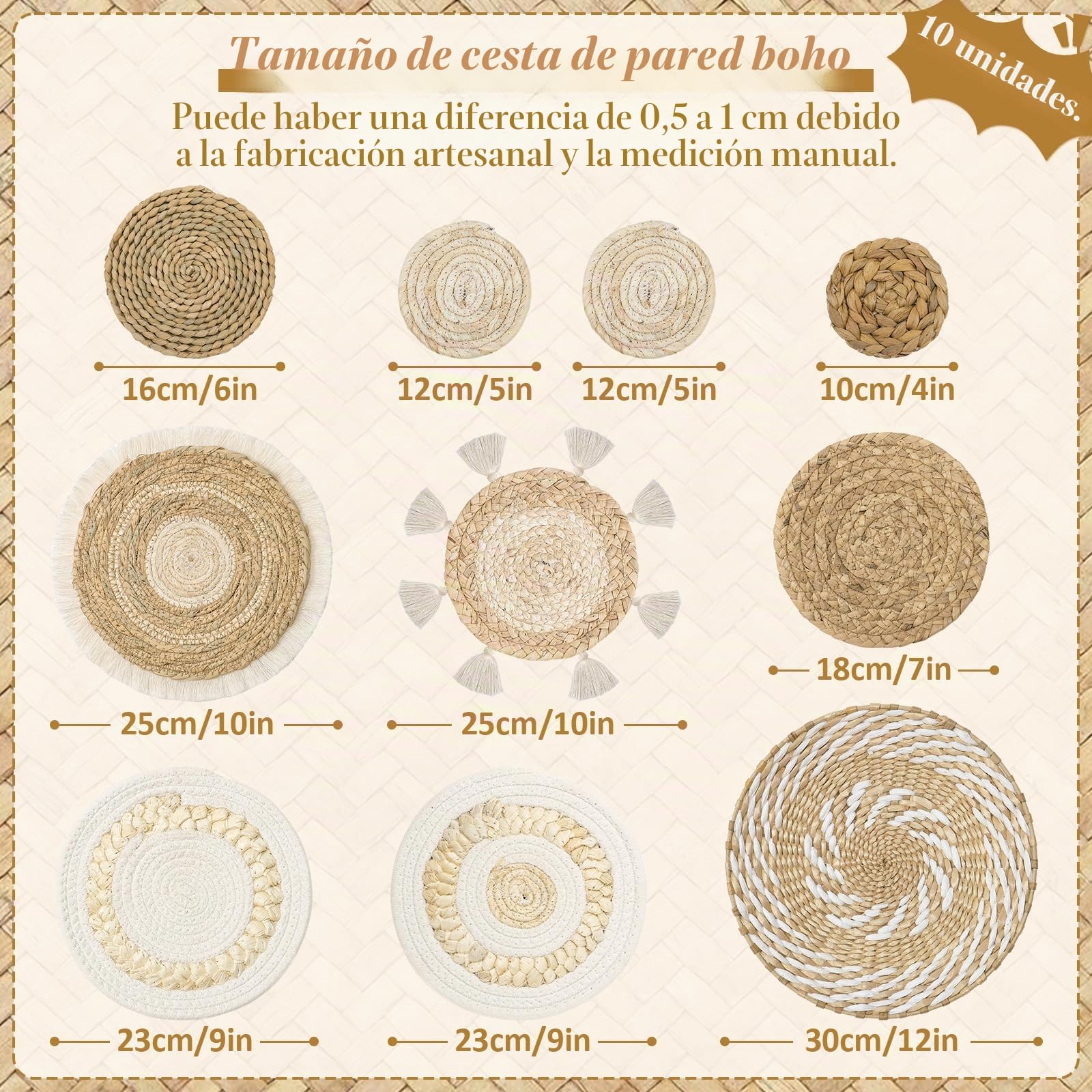Weldomcor 10 Piezas Decoración de Cesta Tejida de Mimbre Pared Bohemia Cestas de Pared de Ratán para Decoración de Estar Dormitorio Comedor Oficina