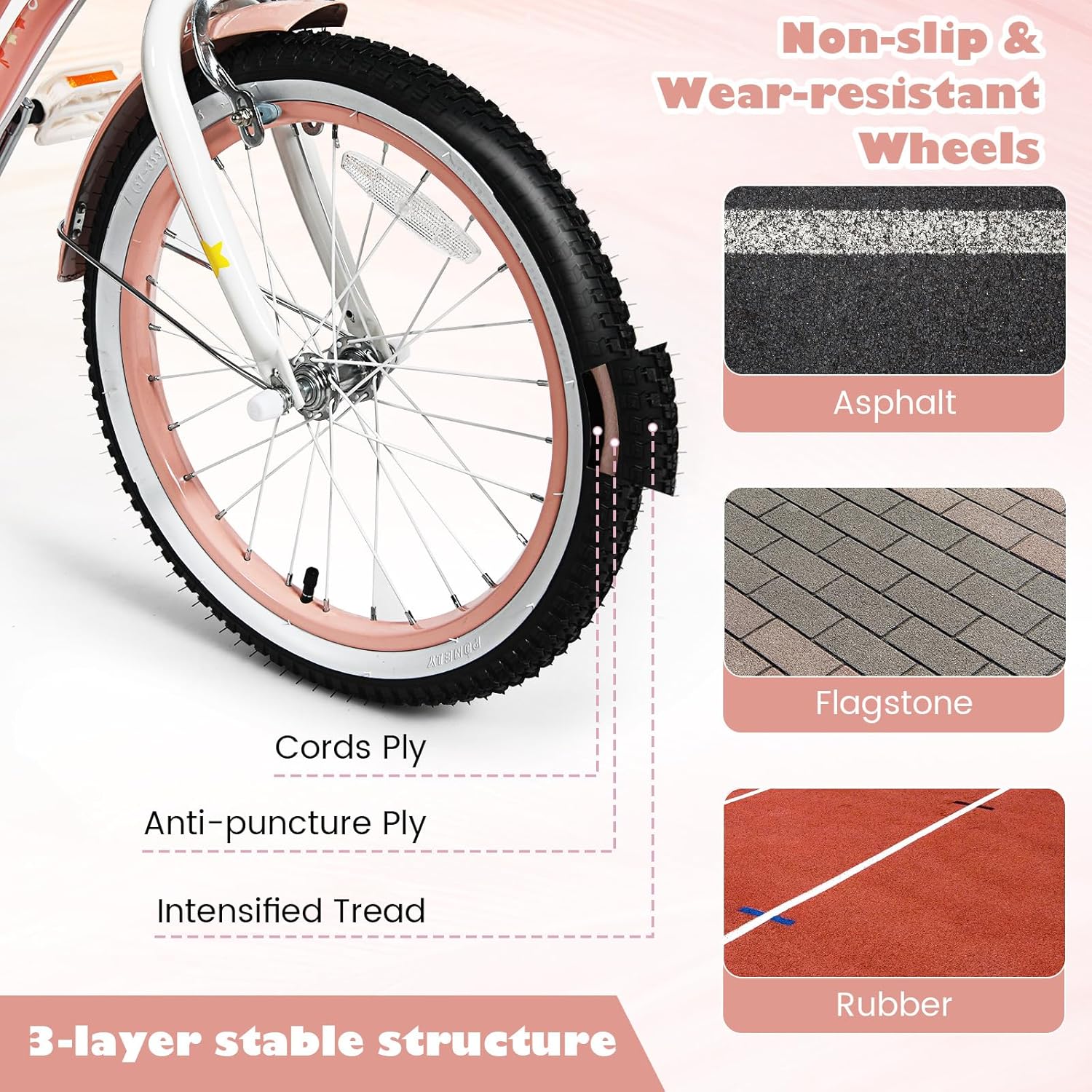 Two young girls riding pink GYMAX kids bicycles with training wheels on a paved path in a park, demonstrating the removable training wheels feature.