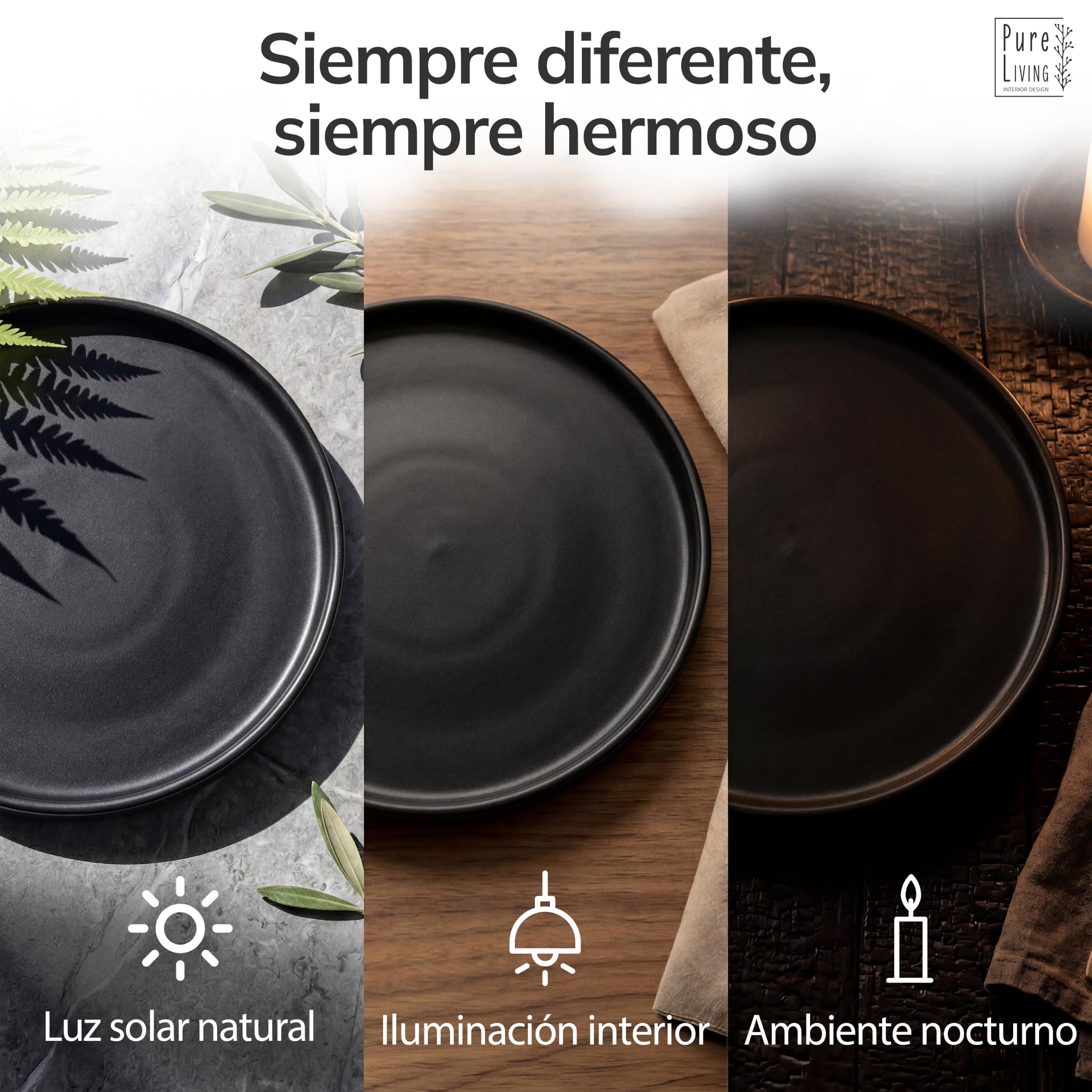 Vajillas Completas de Piedra Negra para 6 Personas -Estilo Urbano Moderno - Juego de Platos de 18 Piezas - Aptos para Lavavajillas y Microondas - Vajilla Negra Mate -Set de Platos Elegante y Funcional