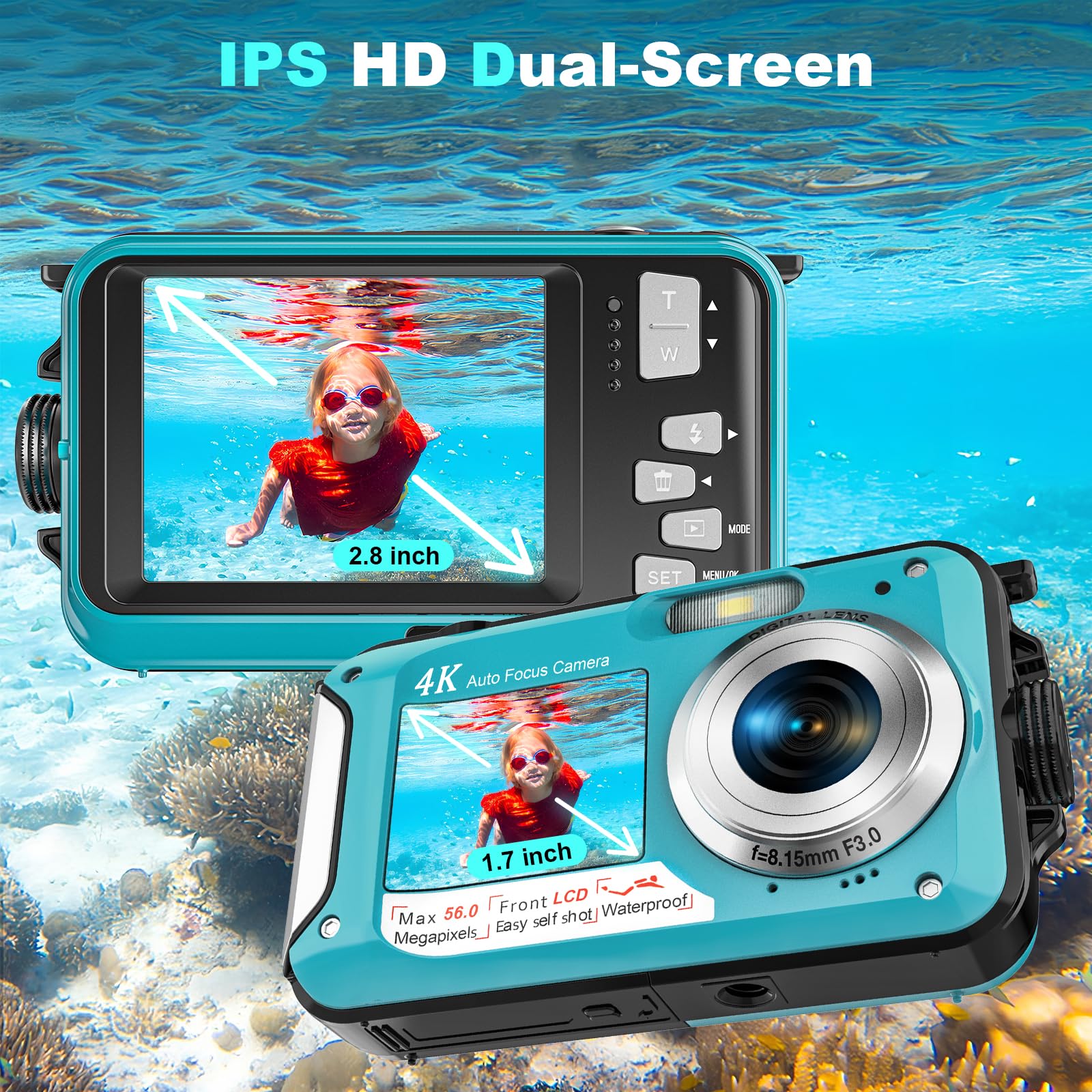 YISENCE Appareil Photo Etanche 56MP 4K Caméra sous-Marine Autofocus Zoom numérique 16x Double écran 2,8 Pouces Carte 32 Go