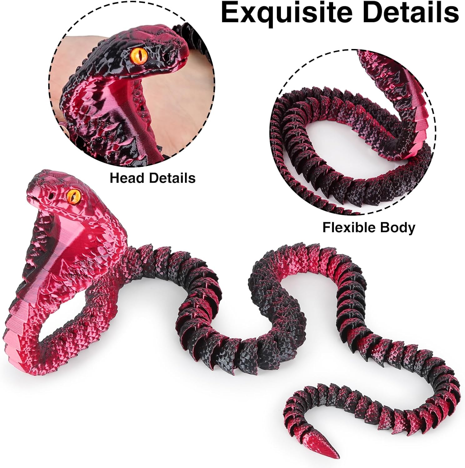 3D Printed Snake,23 Inch 3D Printed Animals,3D Printed Fidget Toys,Home Office Decor Executive Desk Crystal Cobra Toys Black Red