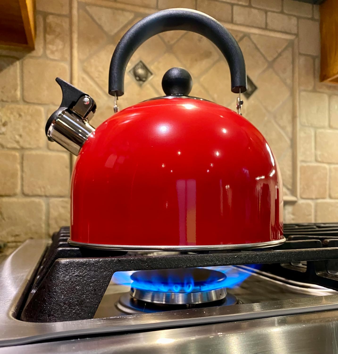 Deep Red 2.5 Quart Whistling Tea Kettle - Constructed from 18/8 Stainless Steel and Ergonomic Stay Cool Handle with One-Hand Pouring Mechanism