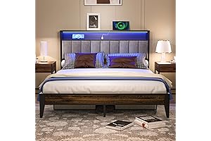 Queen Bed Frame with LED Lights and Charging Station