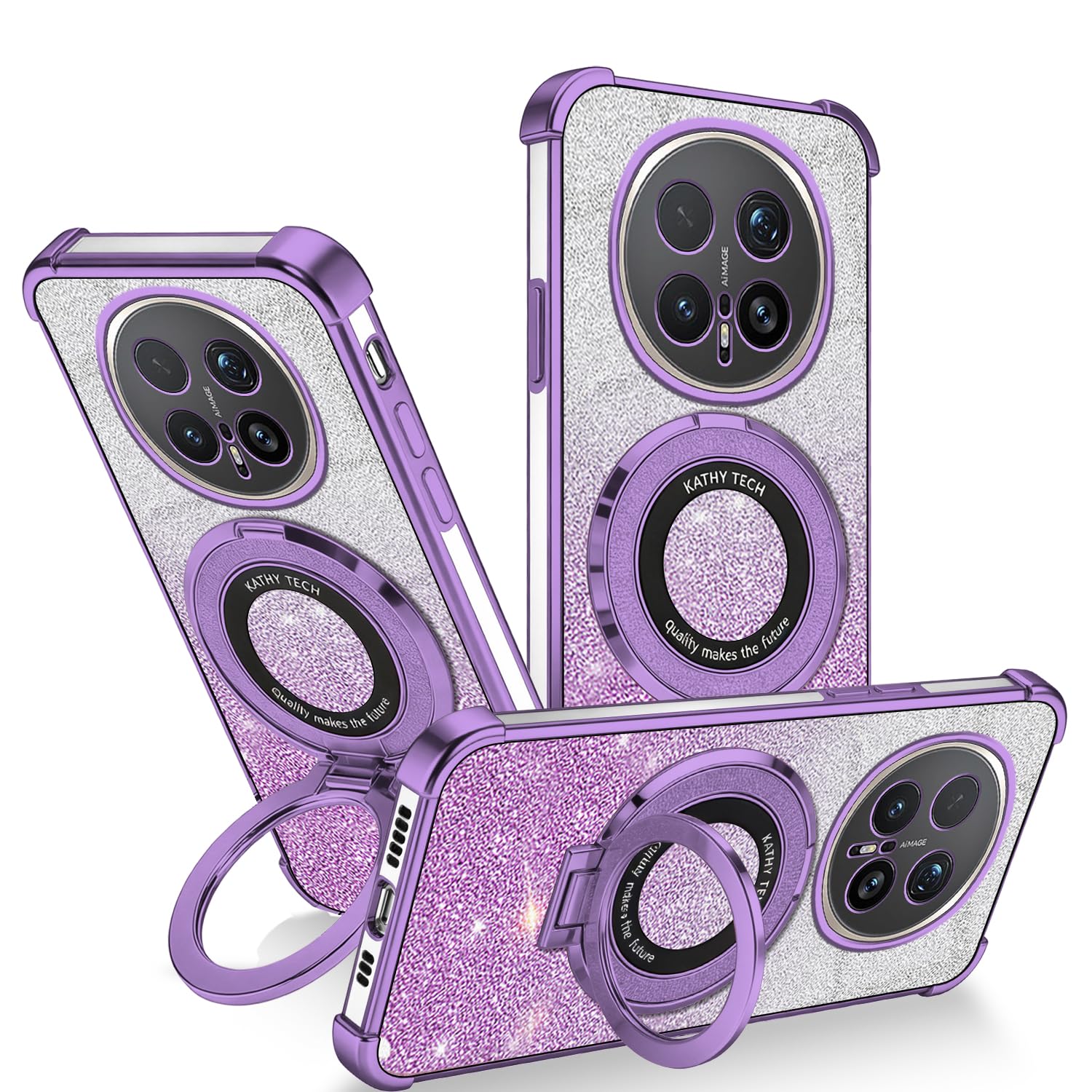 for Honor Magic 8 Pro Glitter Case with Ring Stand, Clear Phone Case for Honor Magic 8 Pro Removable Glitter Paper Silicone TPU Cover (Purple)