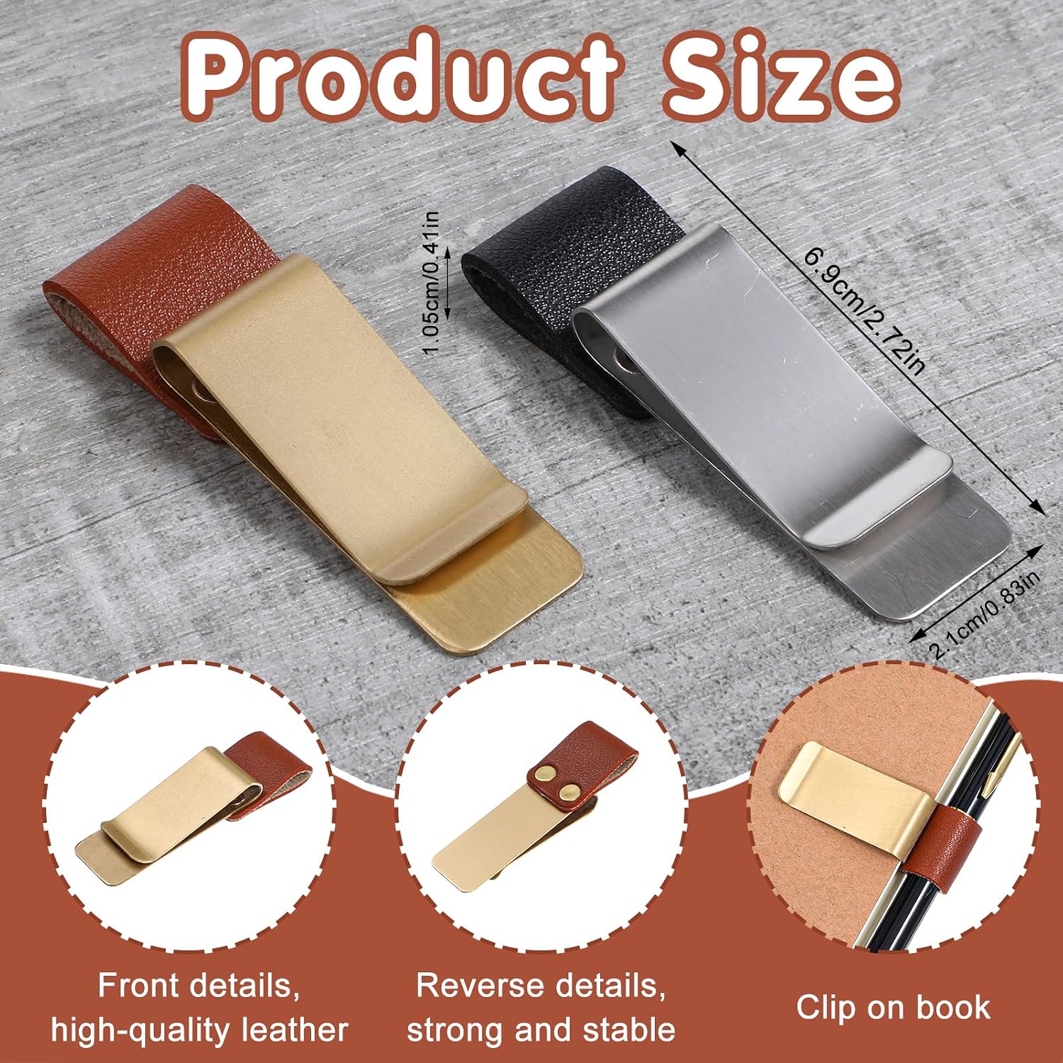 2Pcs PU Leather Pen Clips, Pen Holder for Notebook Metal Pens Loop Holder Notebook Pens Clip for Journal Notebooks Planner Clipboard Office (Black Silver + Brown Gold) image 2
