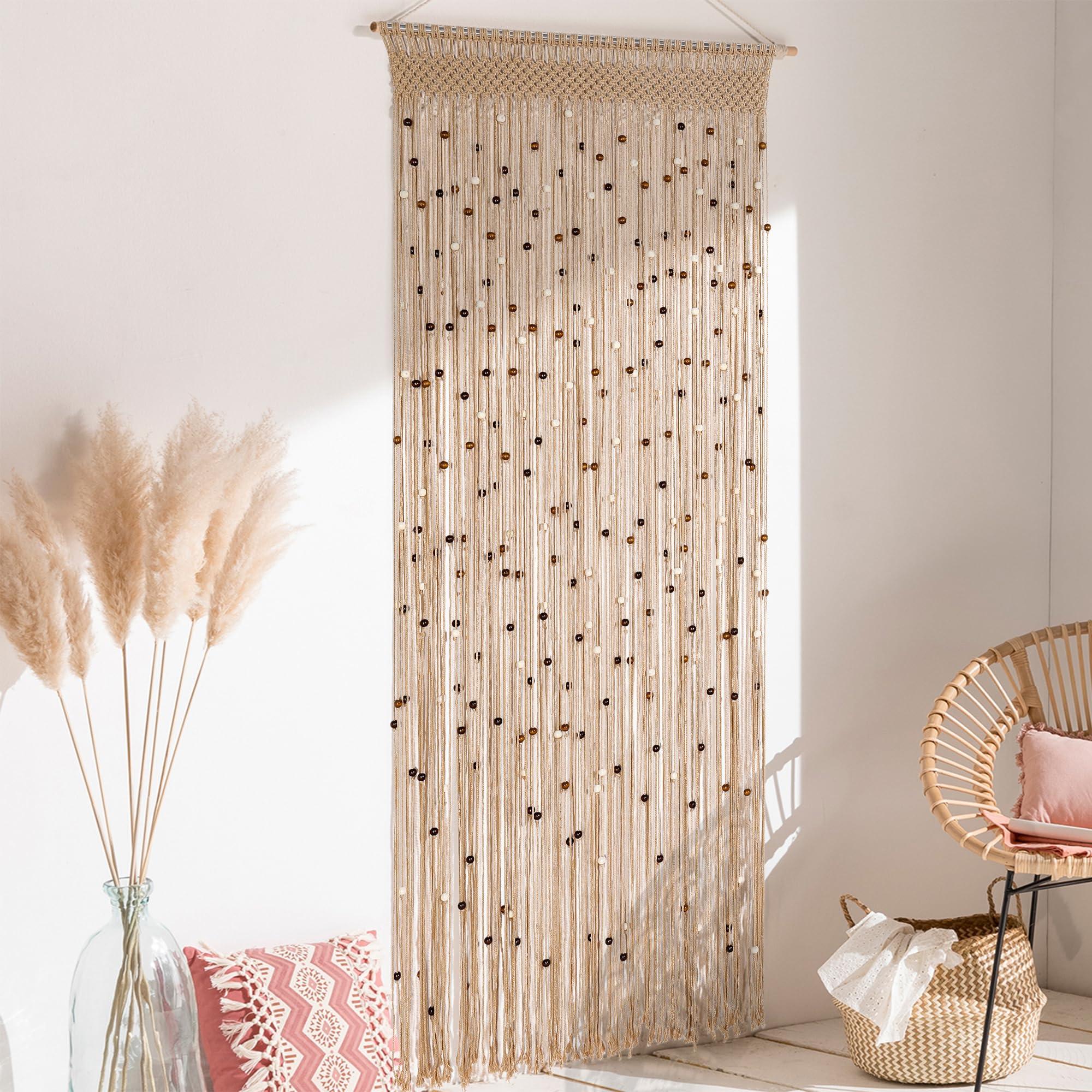 BECHAEO Rideau de perles en macramé fait à la main en coton pour porte, fenêtre, perles en bois et pompons à suspendre, séparateur de pièce, couloir, placard, chambre à coucher, décoration d'intimité,