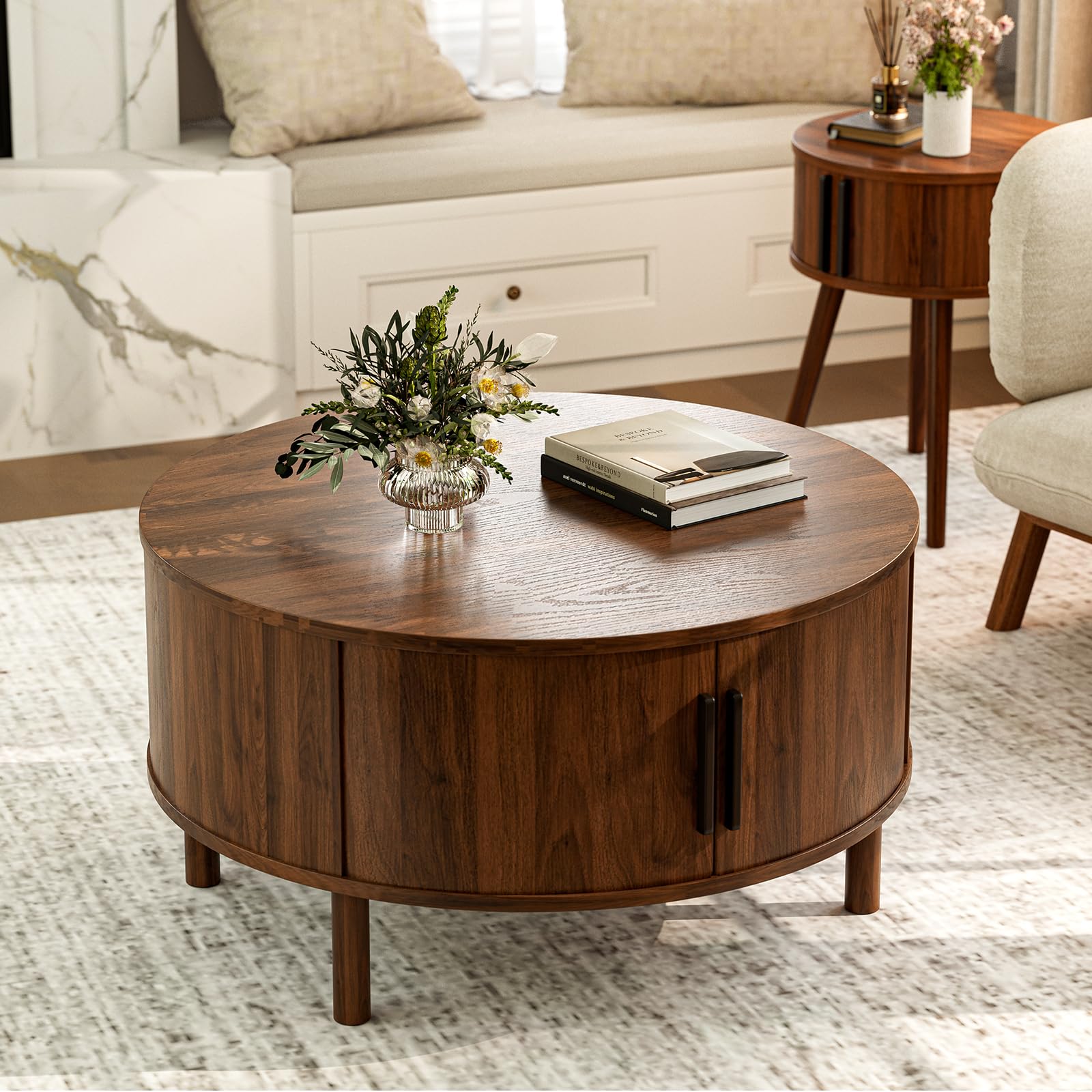 ZttRiee Round Coffee Table with Sliding Doors, Mid-Century, Walnut — product photo