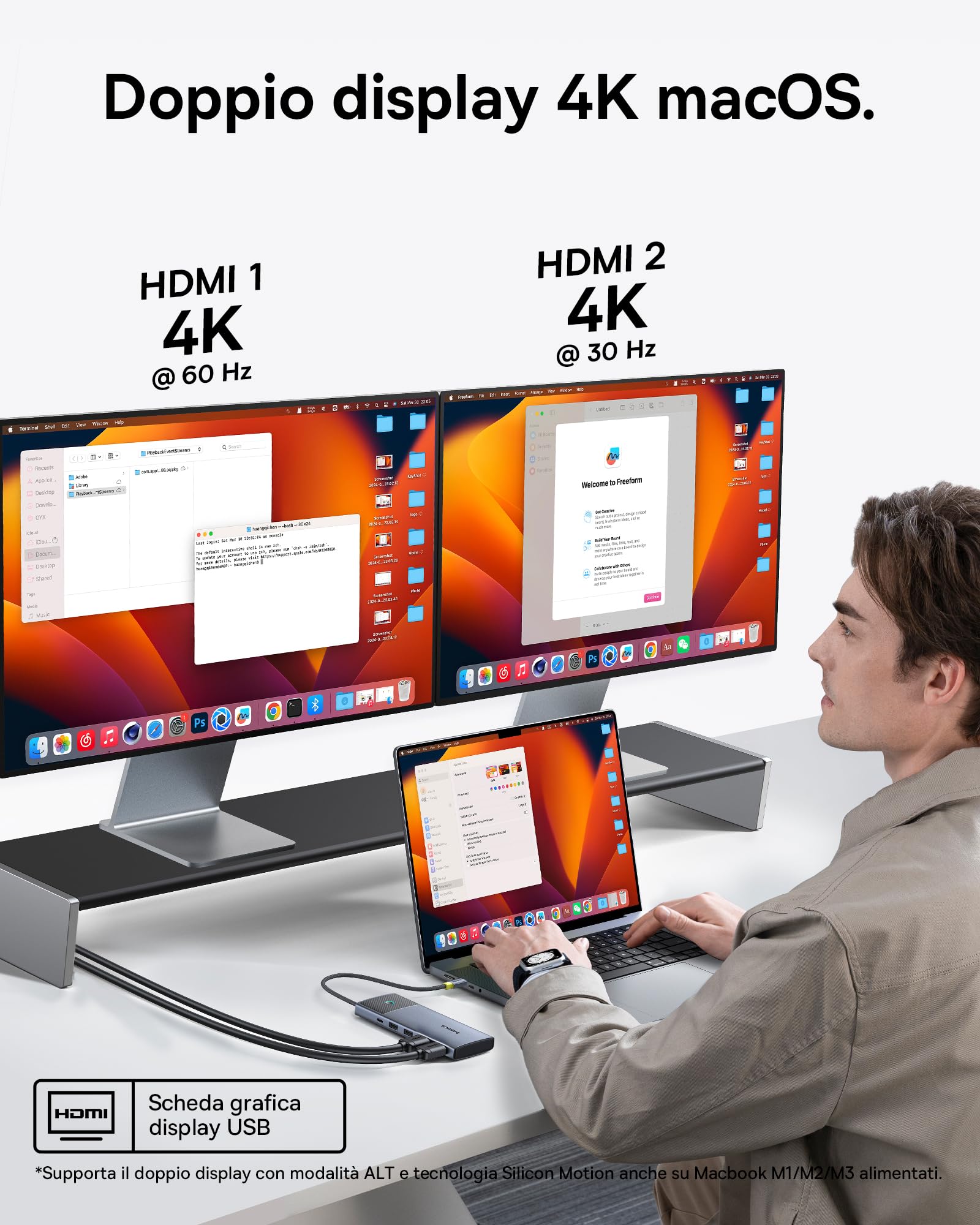 Baseus Hub USB C 7 w 1 Dual HDMI adapter do MacOS z 2 HDMI, 10 Gbps USB-A i USB-C, 2 USB-A 3.0, 100 W PD, stacja dokująca do laptopa MacBook Pro Air M1 M2 M3