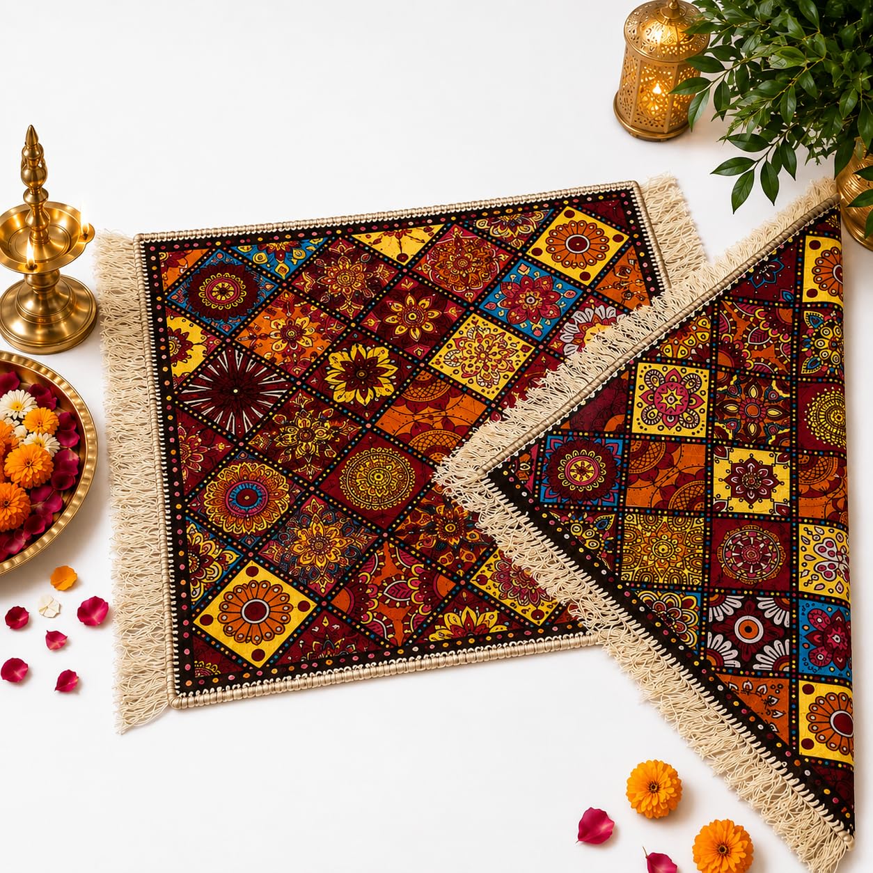 Handcrafted Sitting Mat for Pooja and Meditation, | Size 24 * 24| Multicolor Square Pooja/Hawan/Yoga Mat for Sitting, Aasan for Sitting in Pooja, Multipurpose Mat & Aasan by EVNCOM Pack of 2-picture-21