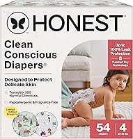 Honest Clean Conscious Diapers Size 4: 100% Leakproof, Hypoallergenic, Fragrance-Free for Sensitive Skin, Winter '25 Prints, 54 Ct