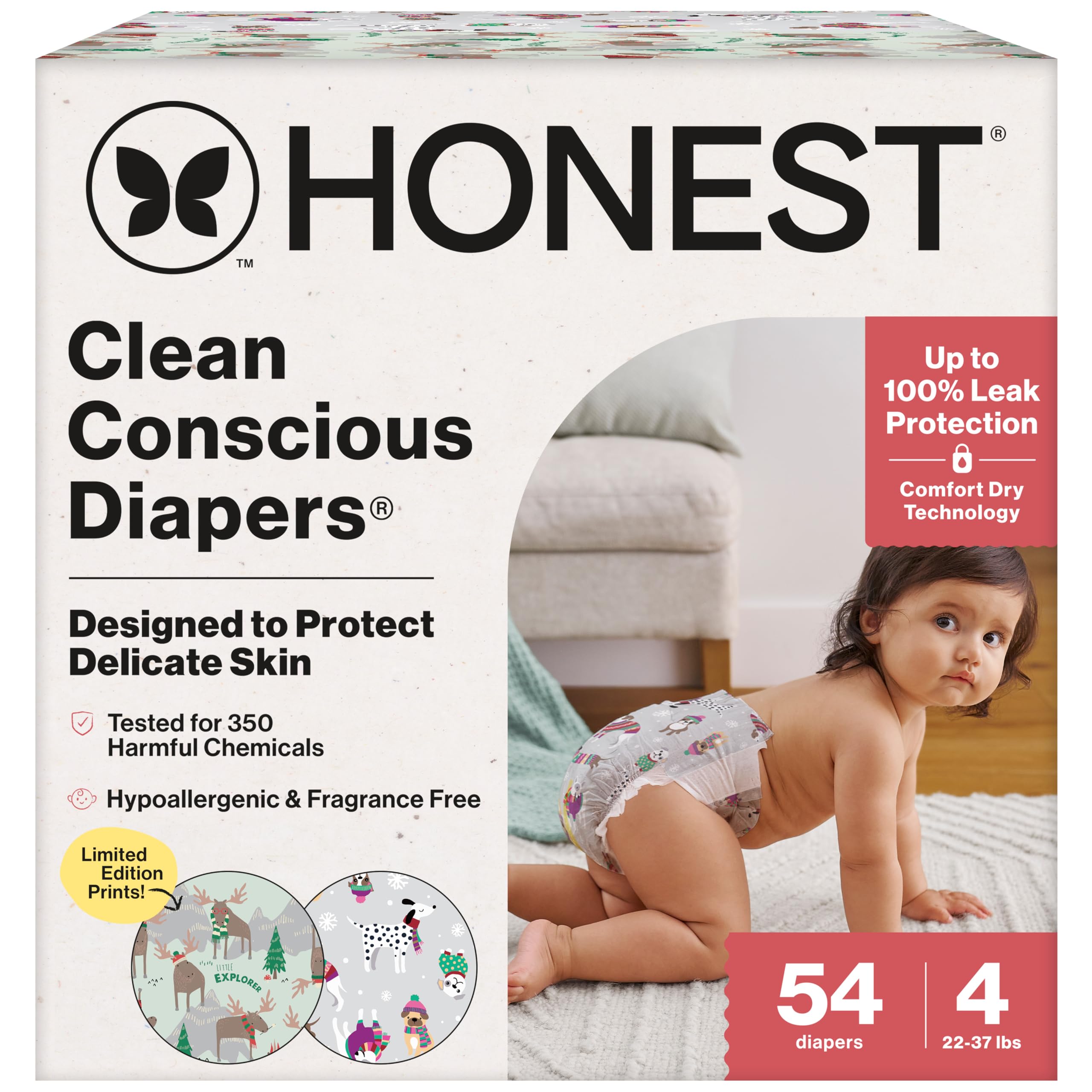 The Honest Company Clean Conscious Diapers for Delicate Skin | Up to 100% Leakproof | Hypoallergenic, Fragrance Free | Winter '25 Limited Edition Prints | Club Box, Size 4 (22-37 lbs), 54 Count