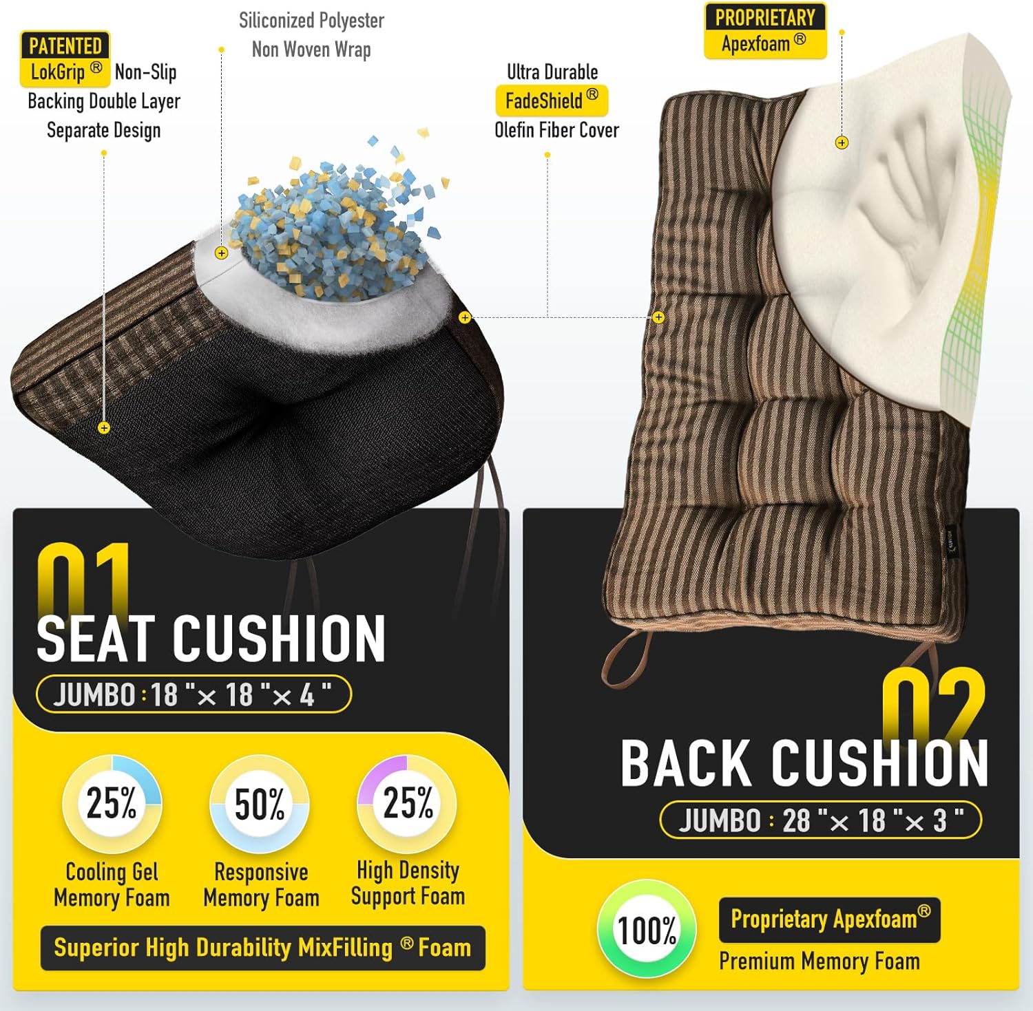 sunrox memory foam jumbo rocking chair cushions, fadeshield water resistant non slip durable tufted pads, set of seat & back cushion with ties for indoor/outdoor rocker, 2 piece, cocoa stripe jumbo- 28"x18"/18"x18" cocoa stripe