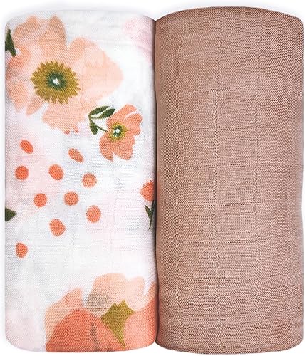 Paquete de 2 mantas de muselina para bebé, 70% bambú, 30% algodón, grande de 43 x 47 pulgadas, hojas de flores de amapola y durazno sólido, mantas