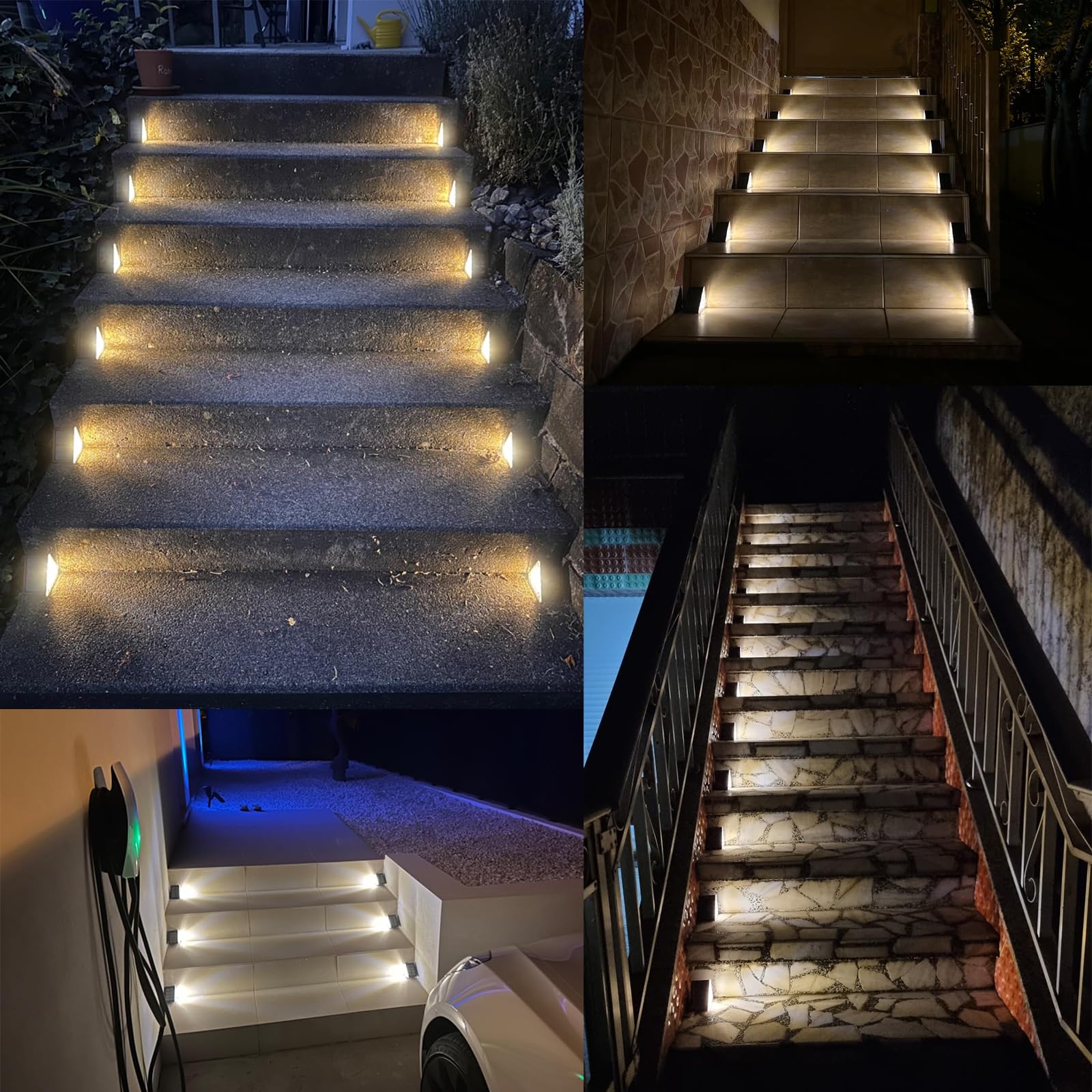 LED Luci Solari per Esterni, IP67 Impermeabile LED Solare Lampada da Scala Bianca Calda 3000K, Illuminazione Scale per Cortile, Giardino, 6 pezzi