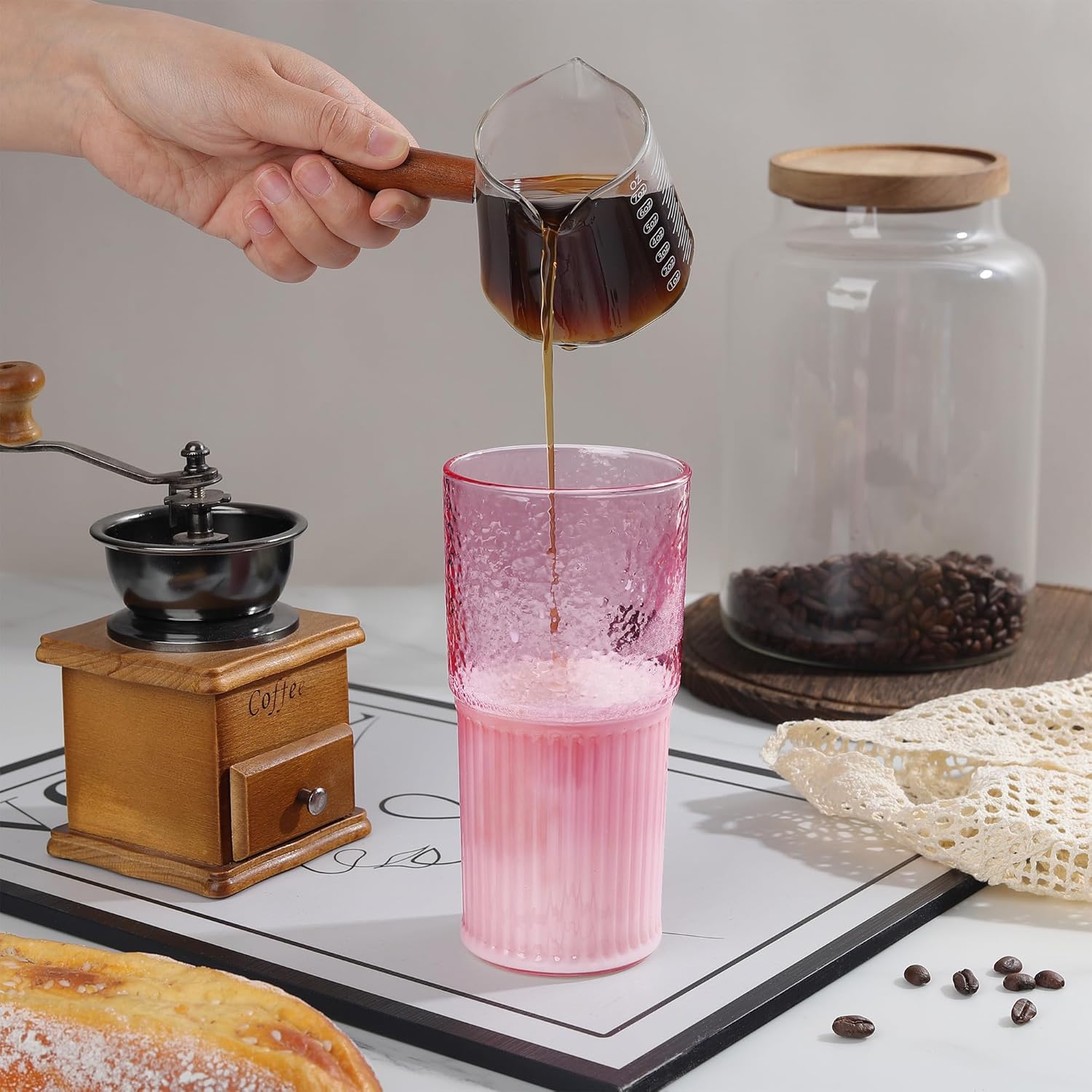 Joeyan 22 oz Pink Glass Tumbler with Straw and Lid for Iced Tea Coffee Smoothie Water Juice Beverages Soda,Ribbed Glasses Cups,Borosilicate Drinking Jar,Set of 2,Dishwasher Safe - Image 5