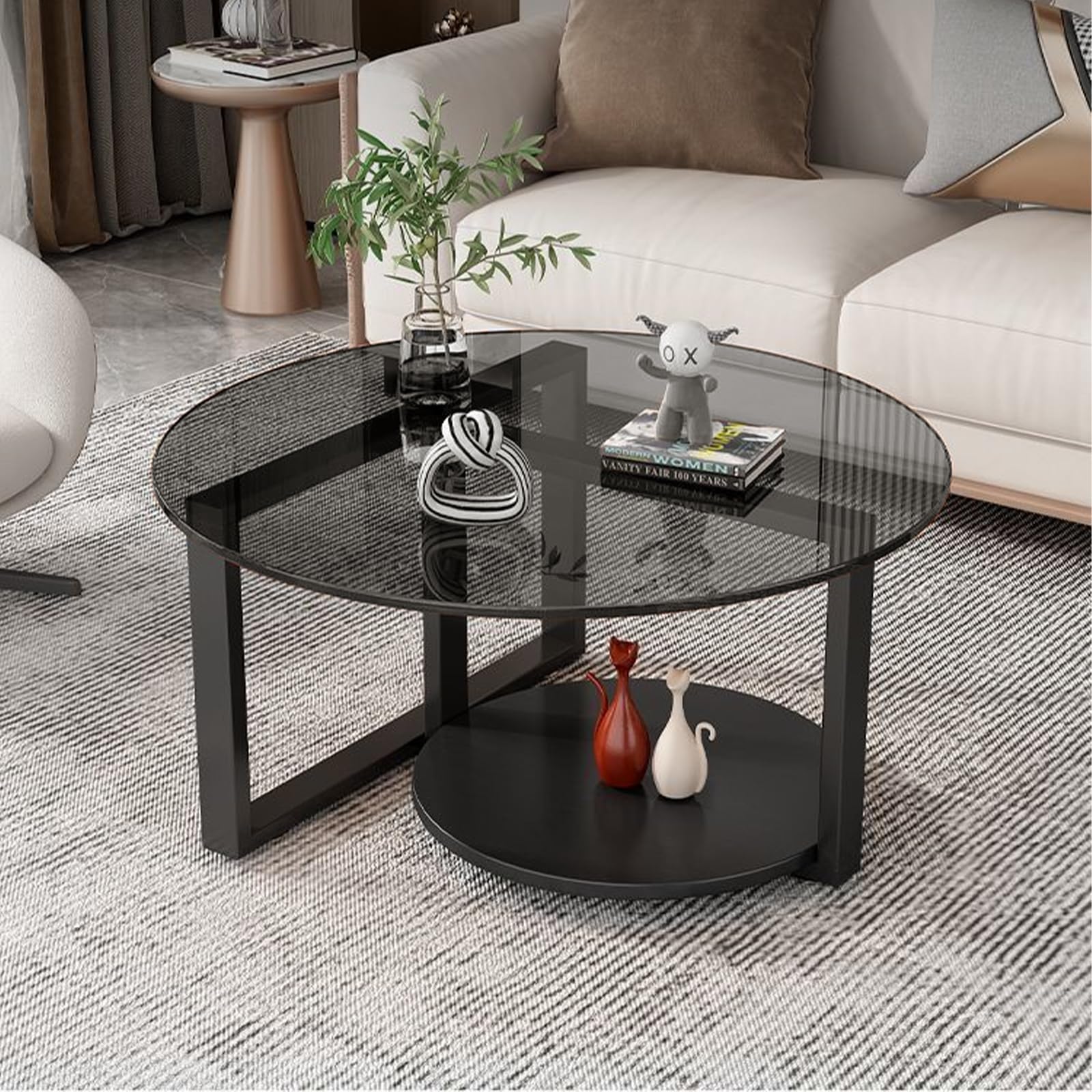 Couchtisch Rund Schwarz, Glas Couchtisch mit Stauraum, 60cm Doppelstöckiger Wohnzimmertisch Rund, Schwarz Round Coffee Table mit Metallrahmen