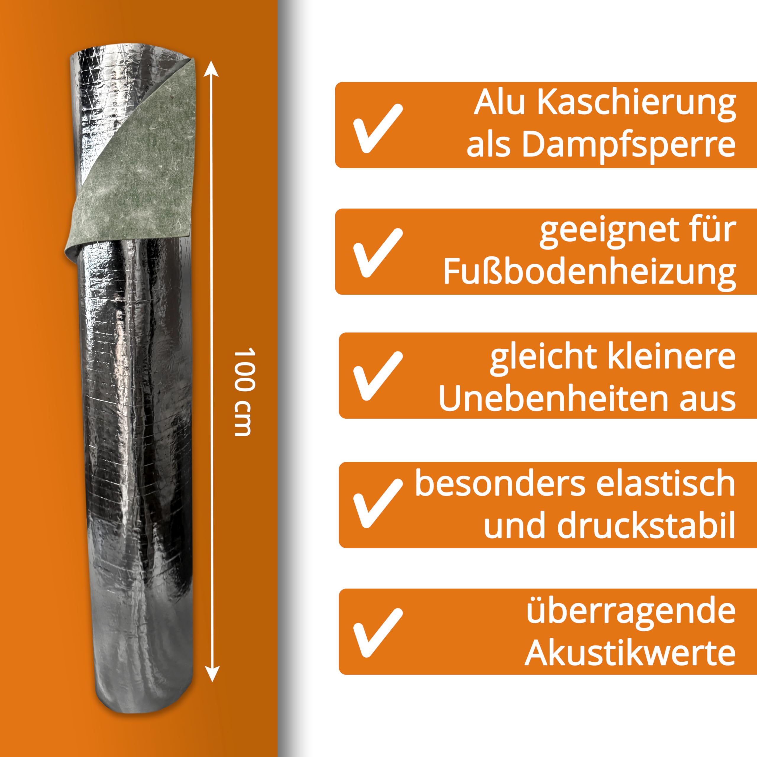 uficell® Akustik Trittschalldämmung topsonic Akustik ALU Gehschalldämmung für Laminat und Parkett mit Alu-Dampfbremse, Raumdichte: 800 kg/m³ (Stärke 3 mm | 50 m²)