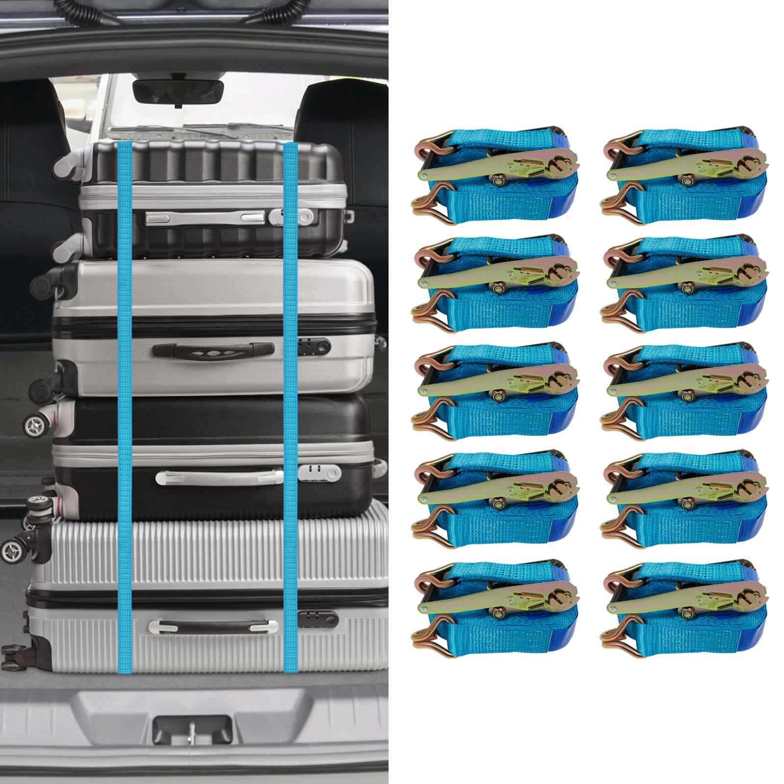 10 Stück Heavy Duty Leuchtendes Blau Ratschengurte,Tragfähigkeit 5T | Ladungssicherungsgurt Set,Arbeitszugfestigkeit 2,5t,für die professionelle Ladungssicherung auf Anhängern und LKWs verwendet