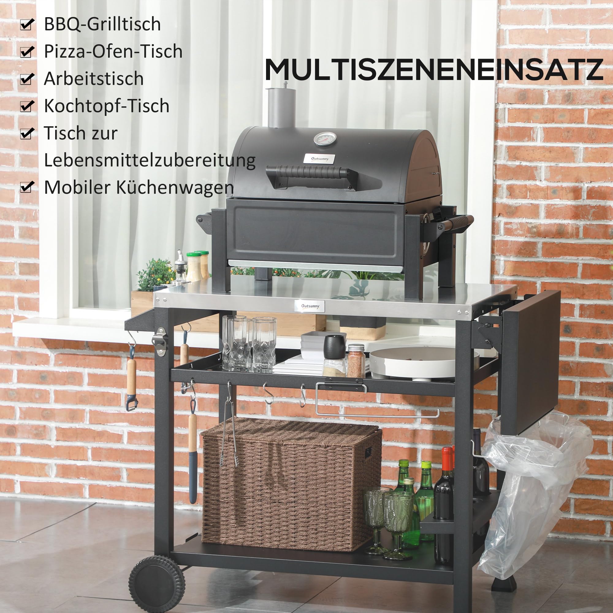 Outsunny Grillwagen Grilltisch mit klappbarem Beistelltisch, Servierwagen mit 3 Etagen, 6 Haken, Rollen, Weinregal, Grill Trolley mit Tischplatte aus Edelstahl für Outdoor, Schwarz