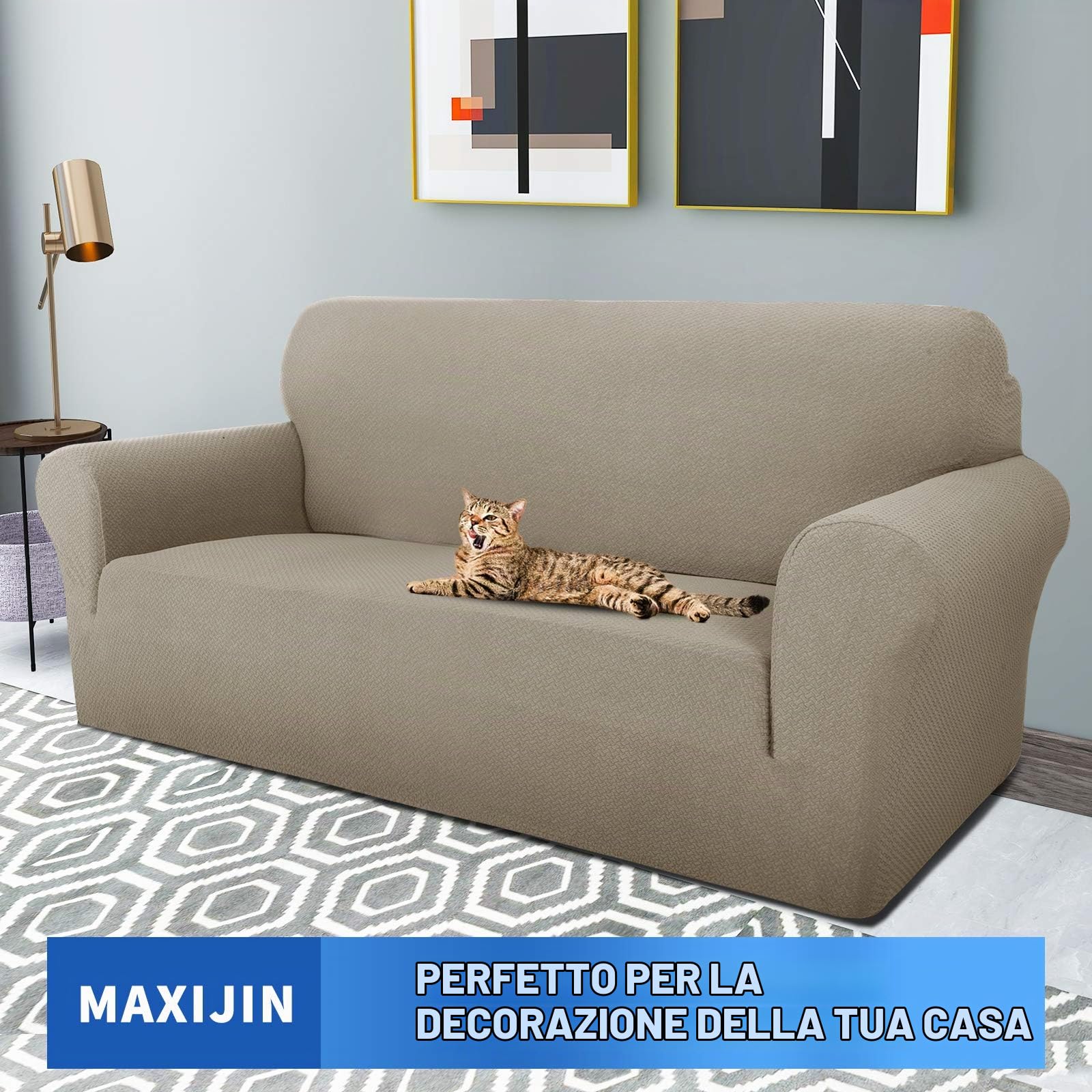 MAXIJIN Fodere per divano jacquard creative per 2 posti, 1 pezzo copridivano antiscivolo super elasticizzato per divano per cani protezione per mobili per animali domestici (2 Posti, Cachi)