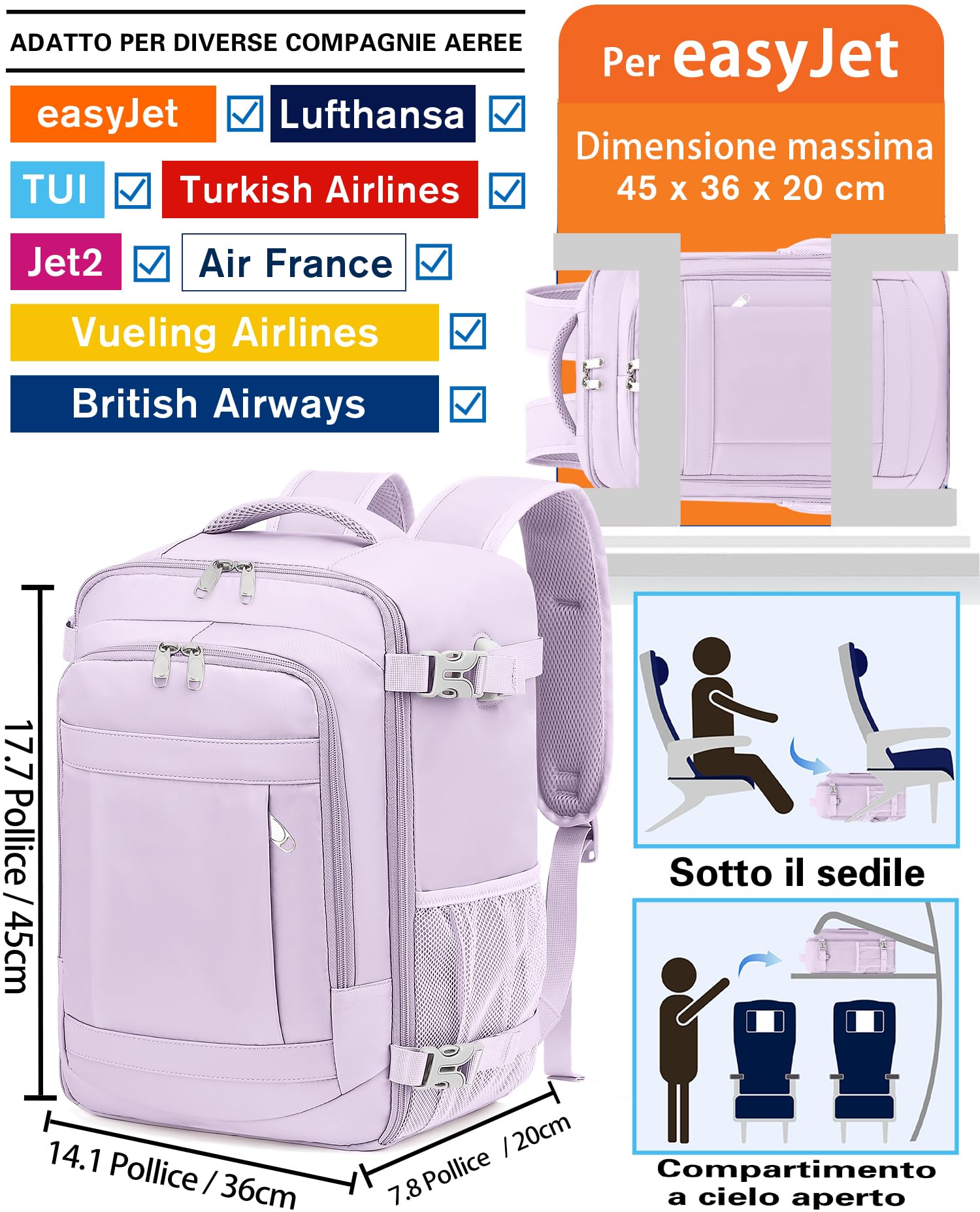 KLOSTAIN Zaino da Viaggio Easyjet 45x36x20 Zaino da Viaggio Aereo Bagaglio a Mano 30L Borsa da Cabina per Uomo e Donna da Lavoro e Scuola Trekking,14 Pollici Porta PC Viola Chiara