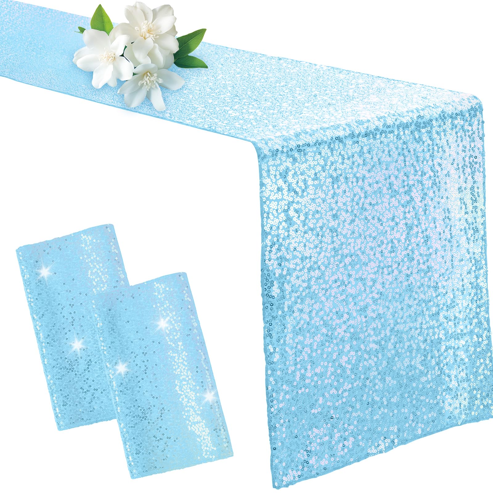 Aormenzy 2 Pack Light Blue Sequin Table Runner 12" x 72", Glitter Sparkle Sequin Runners for Birthday Party Wedding Banquet & Baby Shower, Party Table