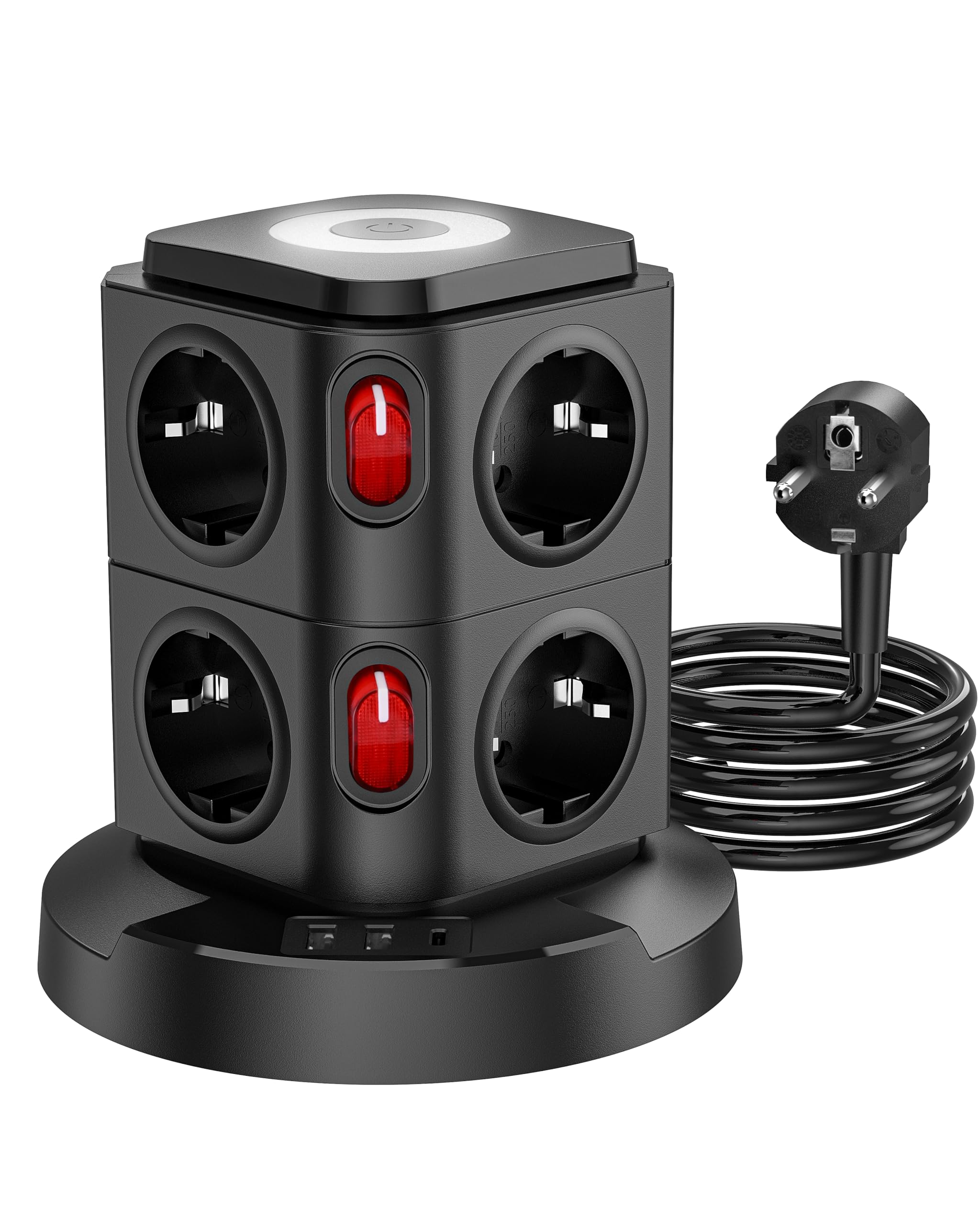 AORIDO Stekkerdoos, 8-voudig, meervoudig stopcontact, 3680 W, met USB, led- stekkertoren met schakelaar, overspanningsbeveiliging, verlengkabel 1,8 m, verdelerstopcontact voor kantoor