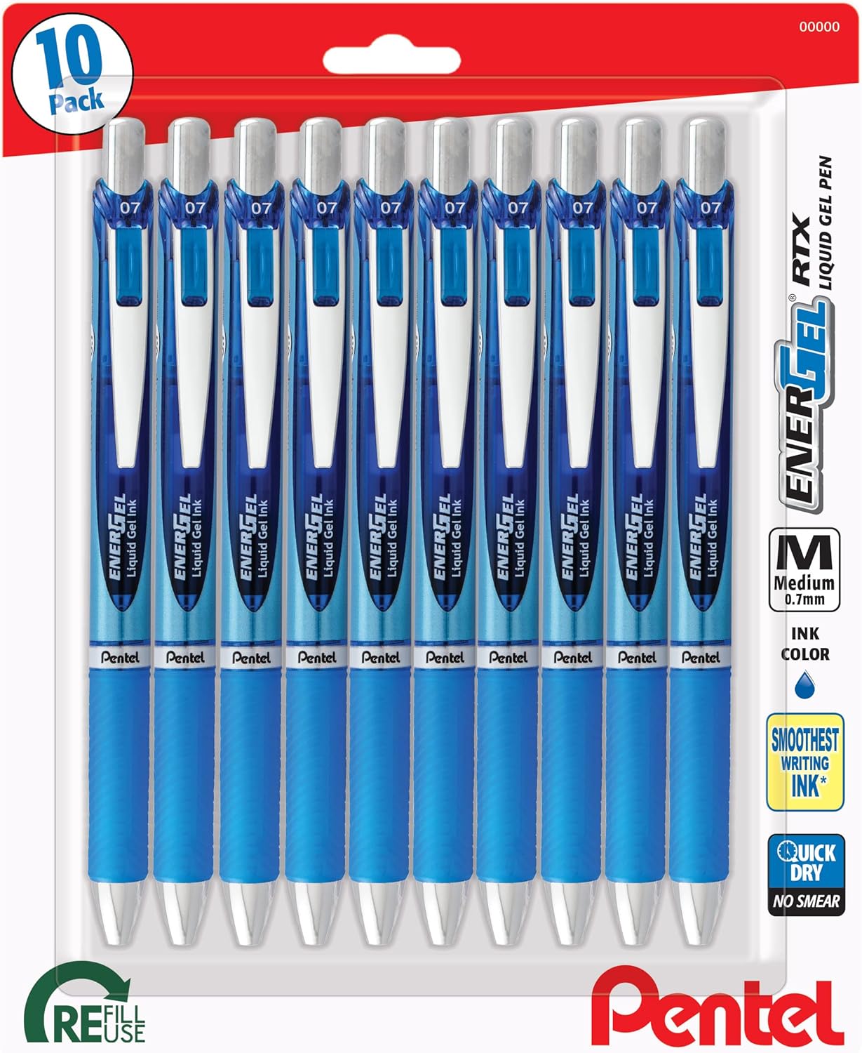 Pentel EnerGel RTX Retractable Premium Liquid Gel Pen, (0.7mm) Needle Tip, Ultra Smooth, Medium Line, Blue Ink 10 Pack, BLN77BP10C