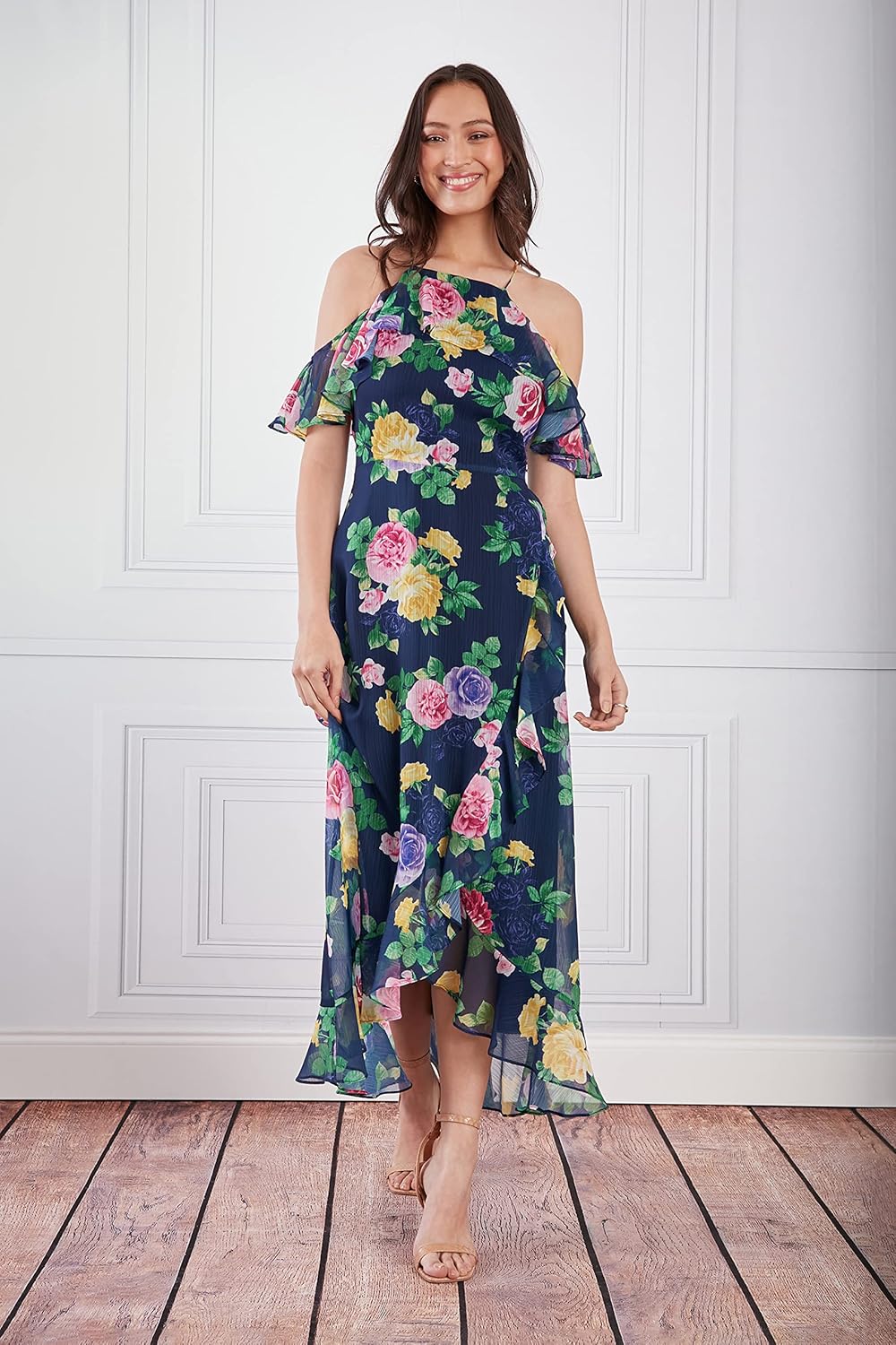 London Times Women's Cold Shoulder Halter Hi-Low Maxi Dress with Feminine Ruffle Occasion Guest of Garden Party