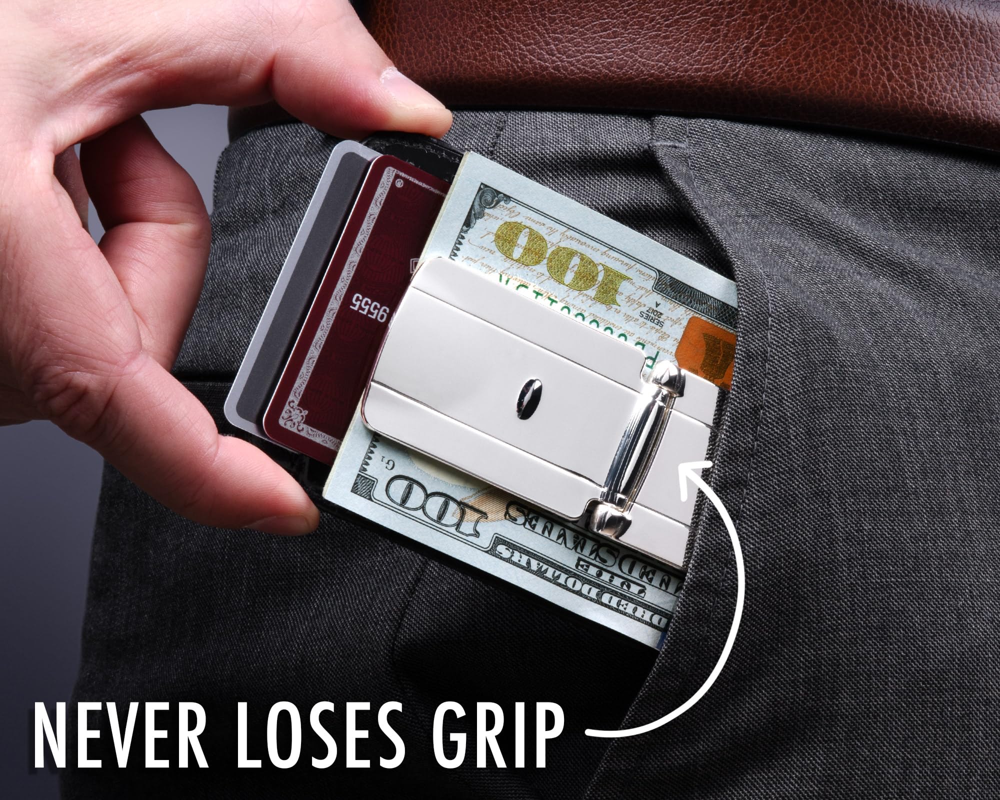 Zurich Silver MoneyClamp® with Leather Wallet, The Only Money Clip that Never Loses Its Grip, Forever Warranty
