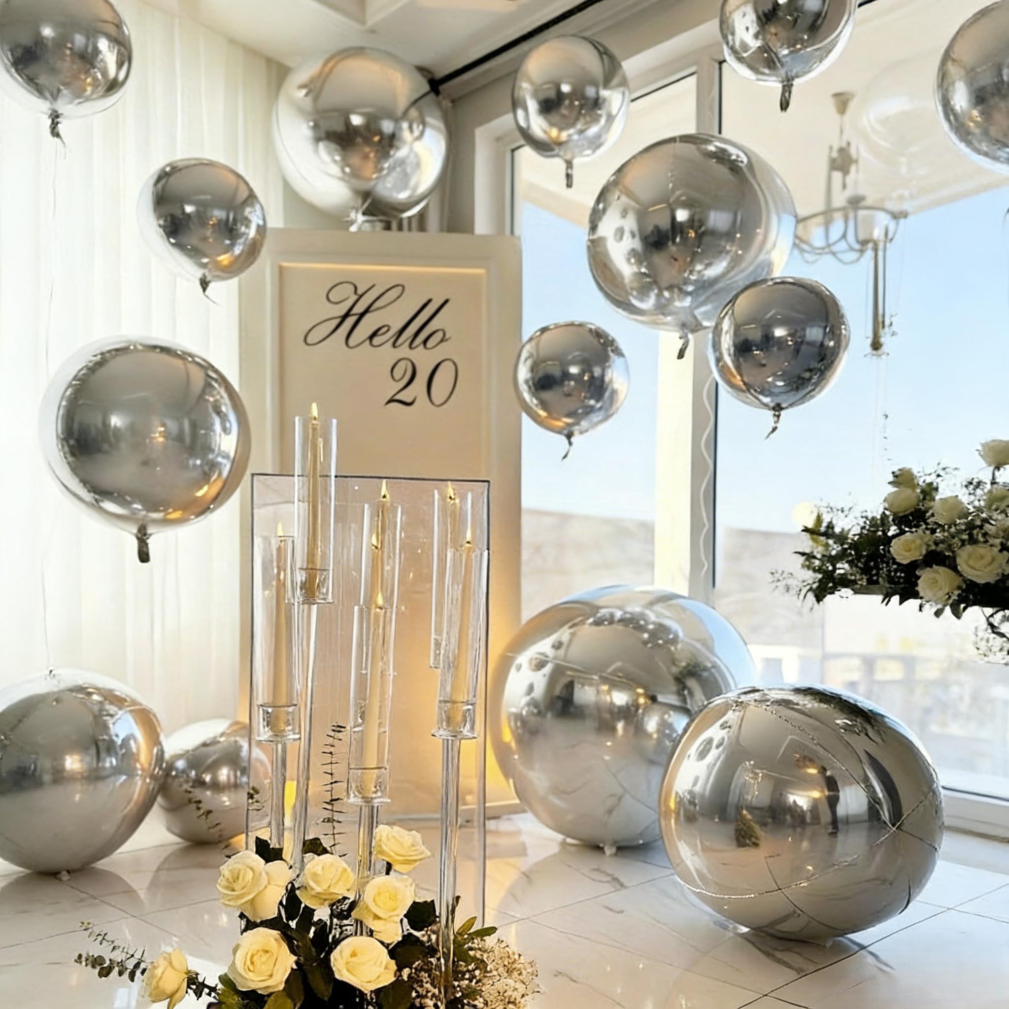 Srebrne balony z mylaru, 56 cm, 38 cm, 25 cm, srebrne balony foliowe, różne rozmiary, duże, metaliczne, srebrne, chromowane, okrągłe balony helowe, 4D, 12 szt